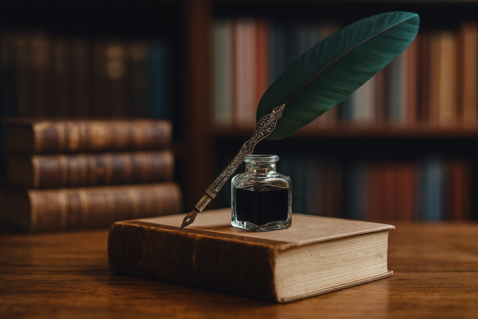 An open antique book with a glass inkwell containing black ink on top of it. A vintage feather quill with a decorative metal holder rests in the ink. The background shows bookshelf with old books.