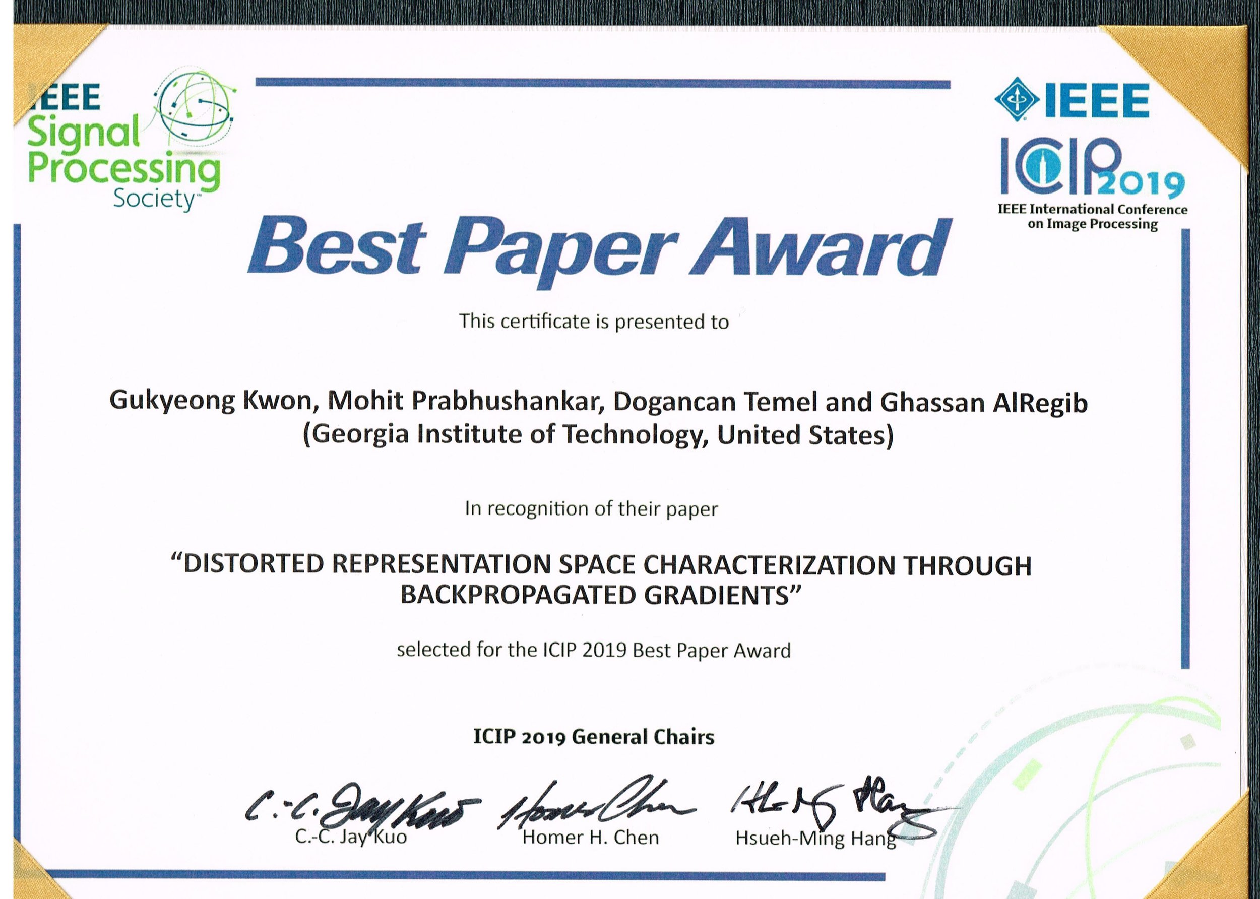Best Paper Award @ICIP2019