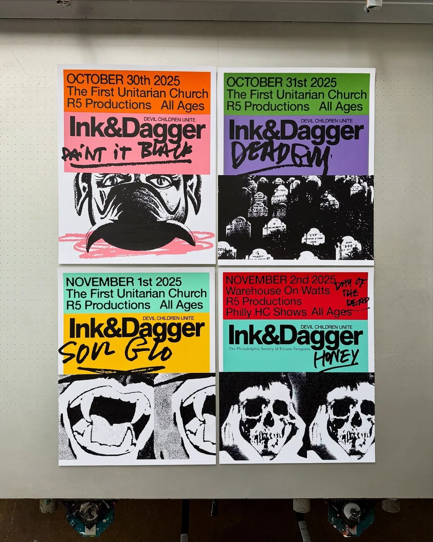 Posters for Ink &amp; Dagger&rsquo;s Philadelphia shows Halloween weekend. Designed by @deansnuts 

Each night had its own three layer poster. Screen printed on 16x20&rdquo; 100lb French Paper.

Stoked to have had these on press. Thanks again @deansn