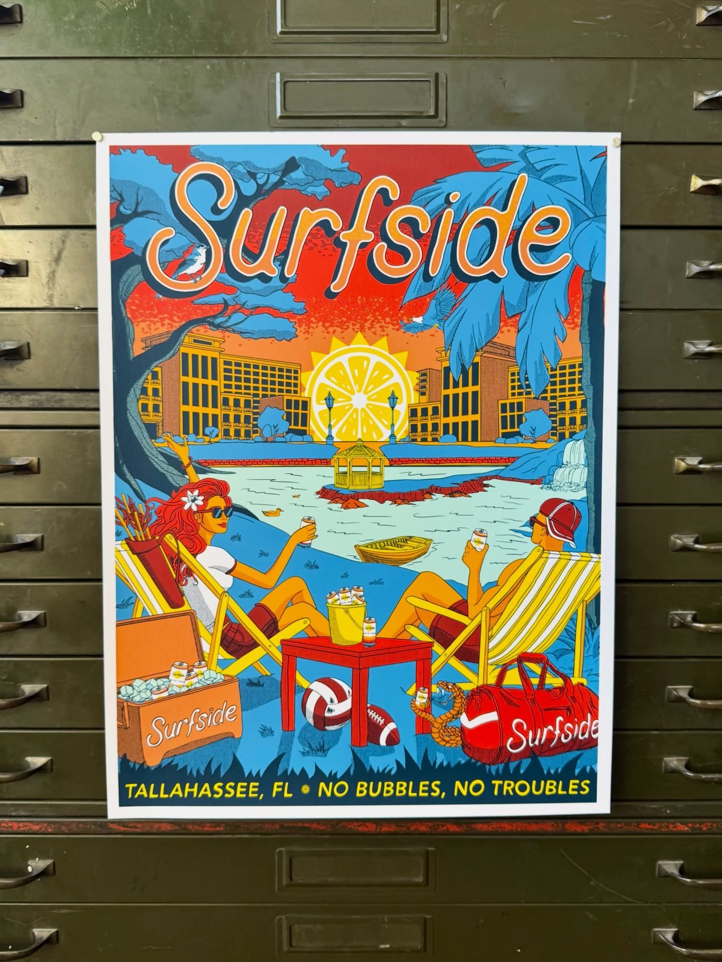 Excited to share the newest addition, errr&hellip; edition, to @drinksurfside &lsquo;s Poster Tour. With art by the talented @michaelcrowne 

For the Tallahassee stop the posters were screen printed in 8 layers onto 18x24&rdquo; Cougar 100lb smooth. 