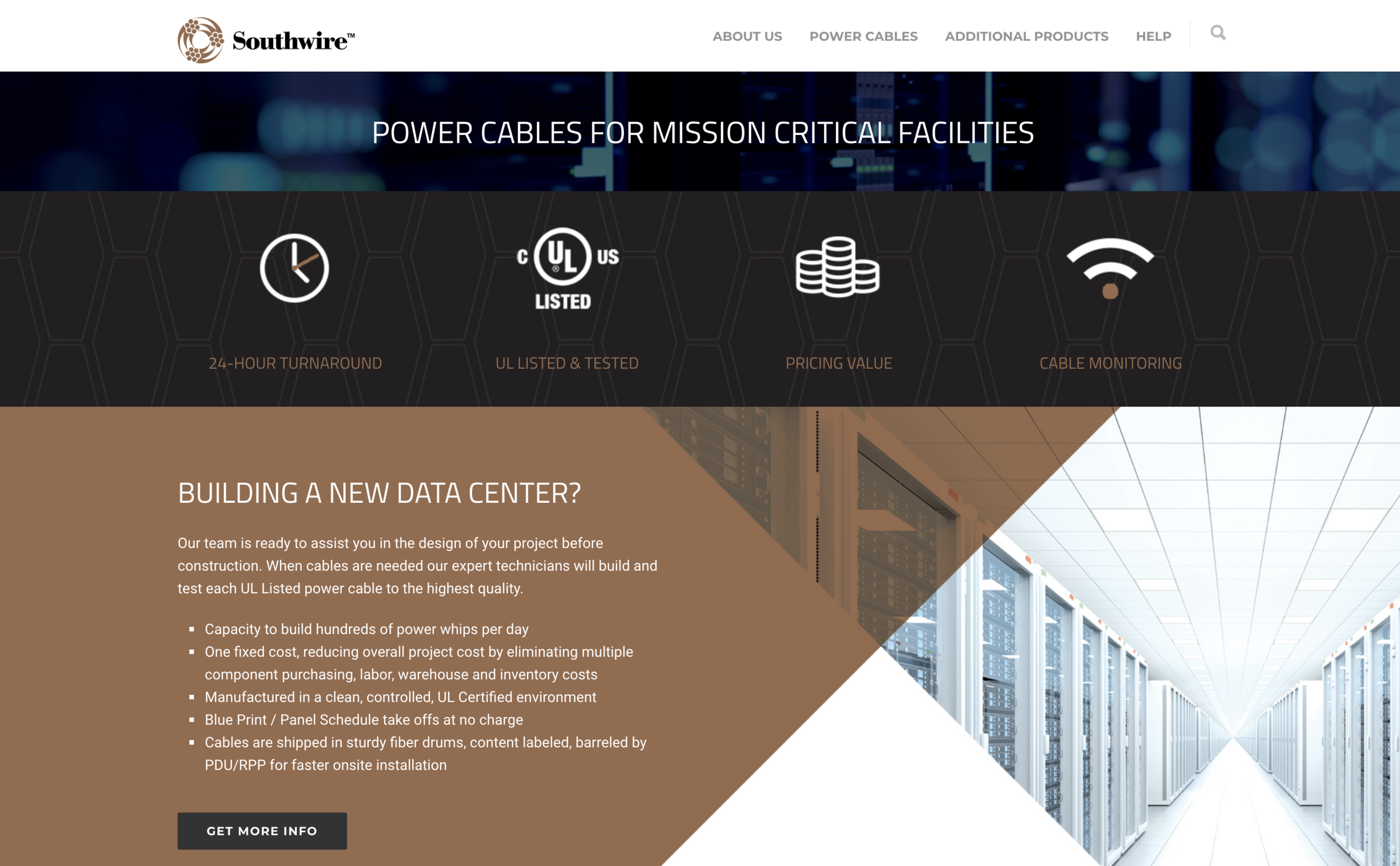 DCNcables.com. This site was created previously by an outsourced company for Southwire® and I had been given the task of making site adjustments to match Southwire's brand guidelines. The site was previously accented with green.