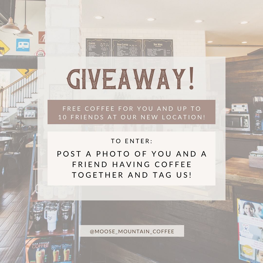 Giveaway Time! Enter to win free coffee for you and up to 10 others in our conference room in our Brand New Coming Soon Location!! 👀
.
No deliveries available. All drinks must be ordered in store and altogether. To enter, post a picture on your stor