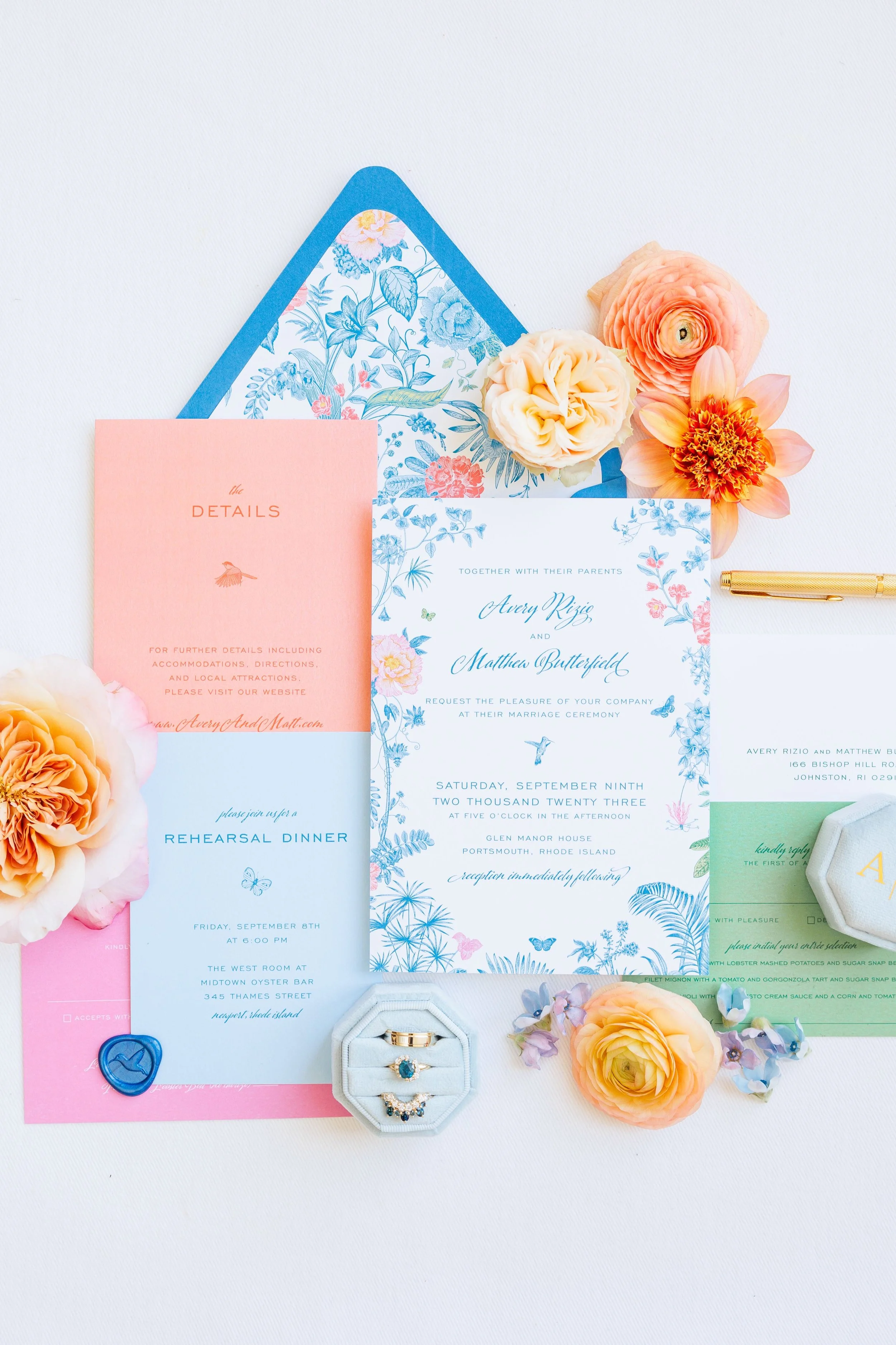 brightcolorful invitation suite flatlay birds hummingbird floral save the date