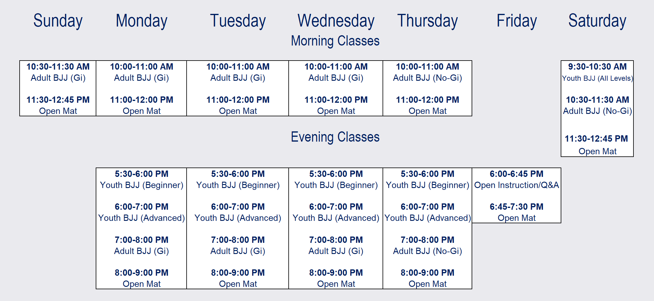 With classes offered all seven days of the week, we know you’ll be able to find time to train with us! Take advantage of our early and late sessions, or if your week is too busy, stop in on the weekends! We are excited to have you in for your first day. All classes are beginner friendly and designed for everyone, even if it’s their first day, to succeed and have fun!