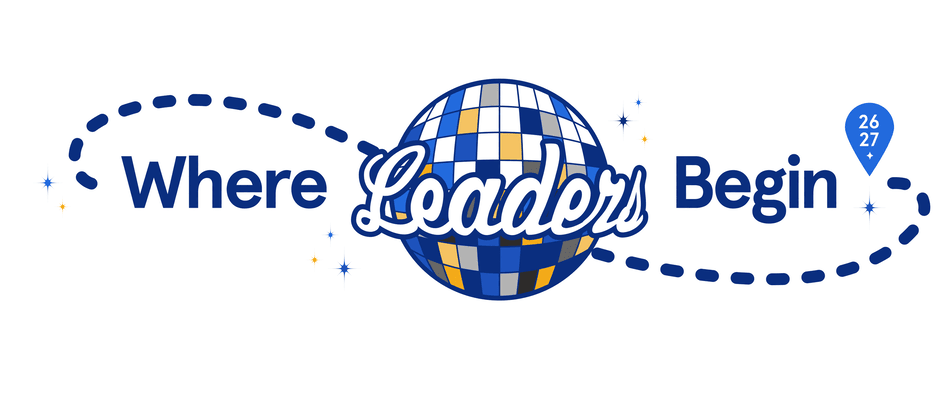 The image shows a disco ball with the words where leaders begin 26 27 across it.