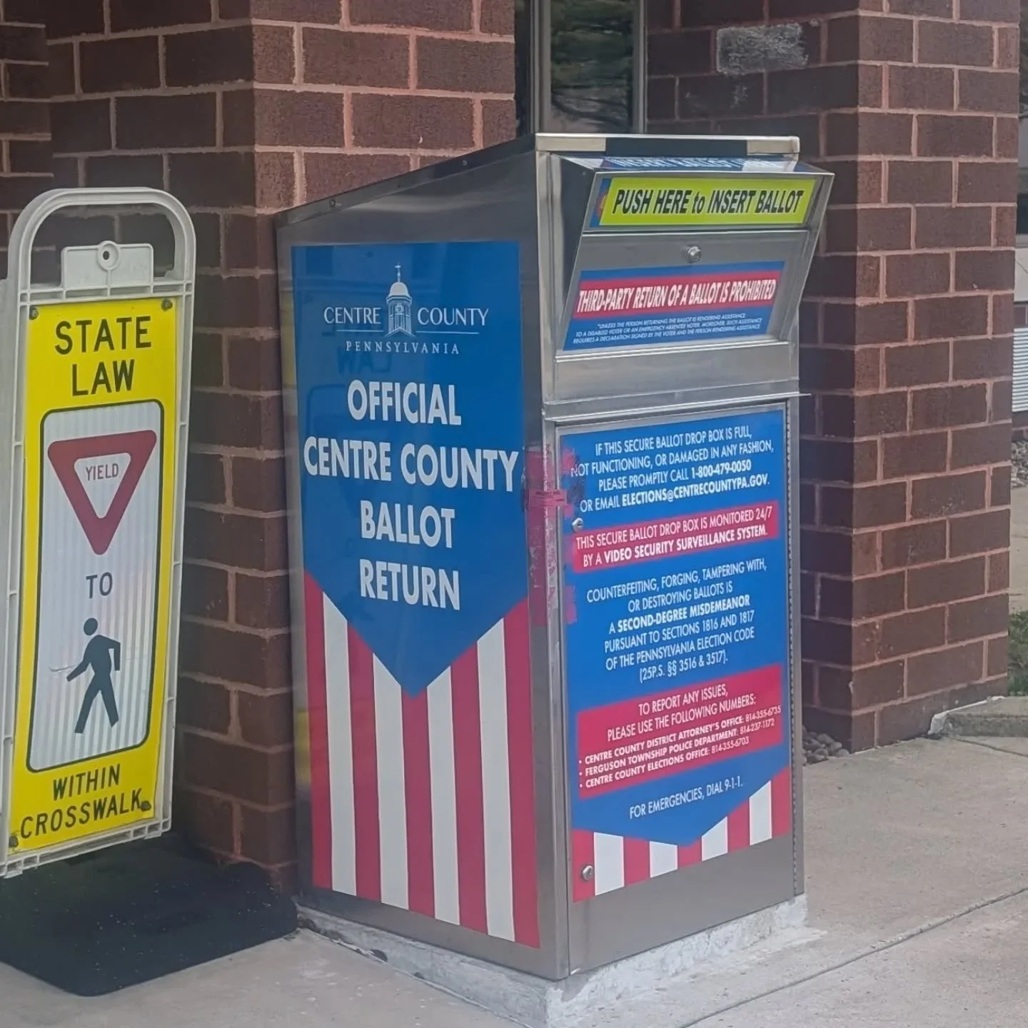 You may drop off your mail-in ballot at one of the county secured drop boxes at the Willowbank Office Building, the Centre Hall MDJ Office, Ferguson Twp Building, Patton Twp Building, Philipsburg MDJ Office, Spring Twp Bldg State College Borough Bldg