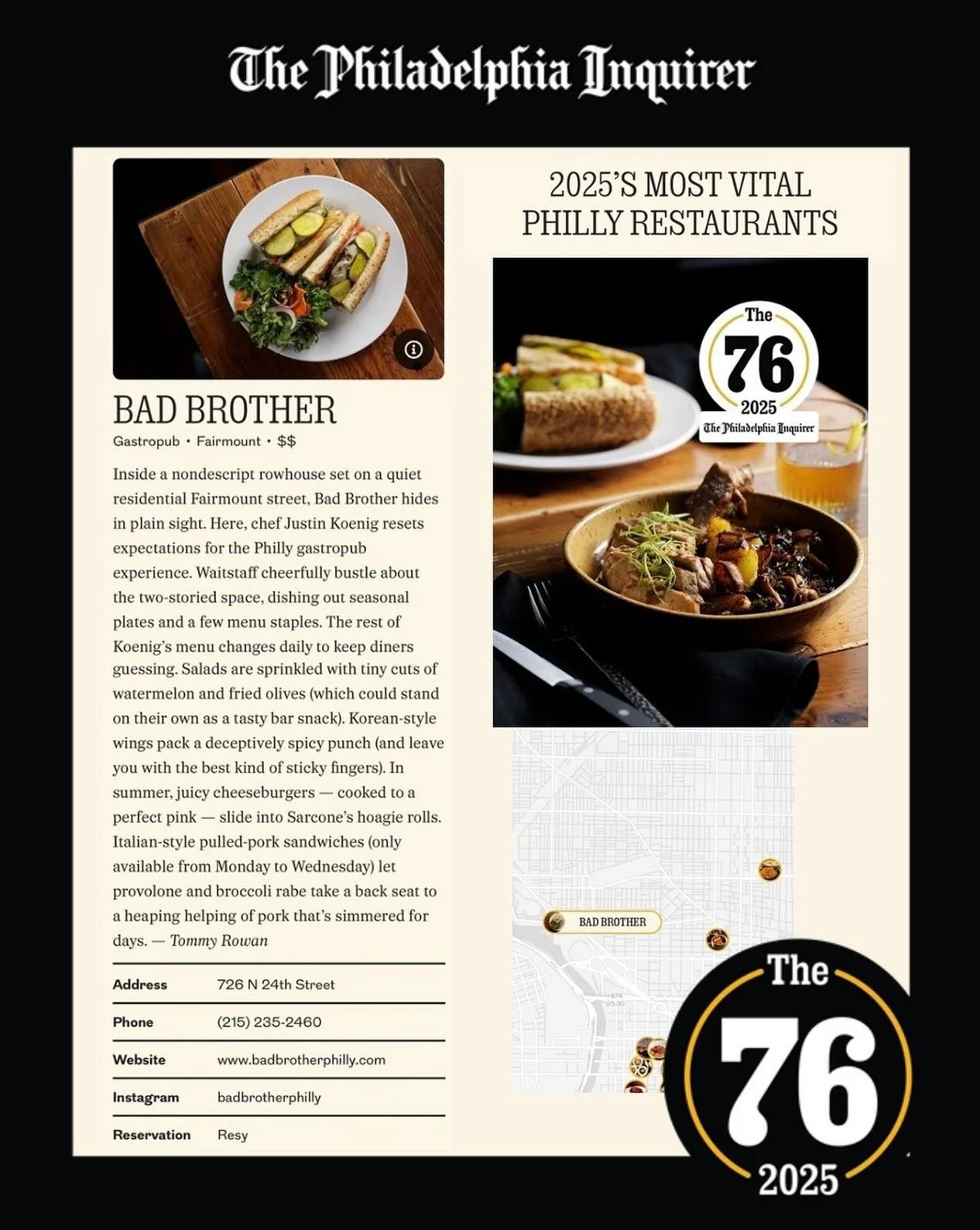 Back-to-back on the @phillyinquirer 76 List! 🥂
We’re so excited to share that we made the 2025 list of the 76 Most Vital Philly Restaurants! Thank you @tommyrowan for the kind words 
We were so honored to be on the inaugural list last year, a