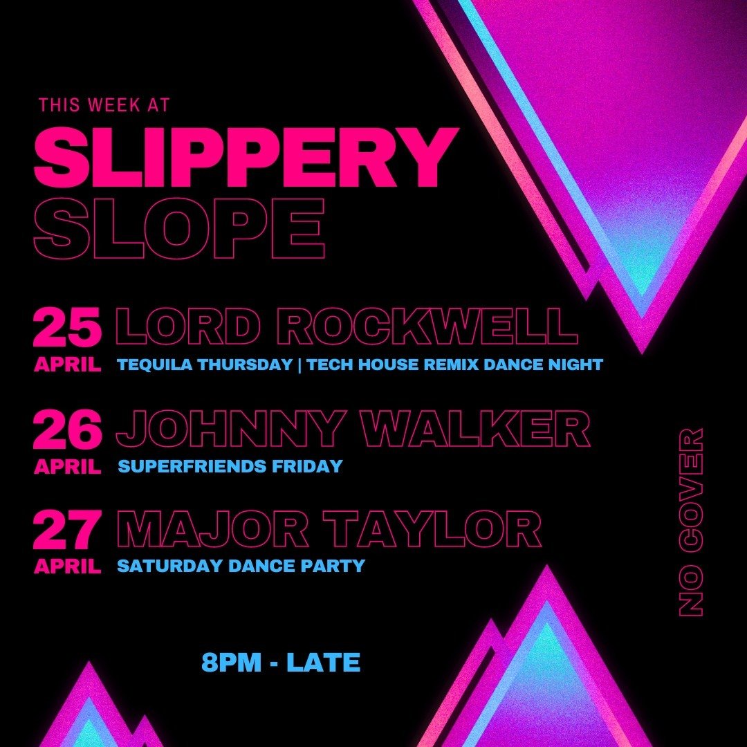 This weekend at Slippery Slope! We've got a great lineup ready for you, so come dance with us! See you tomorrow.⁠
⁠
#slipperyslope #chicagodjs #logansquare #logansquarechicago #scofflaw #danceparty #divebar #dancehall #partybar #dancefloor #redroom #