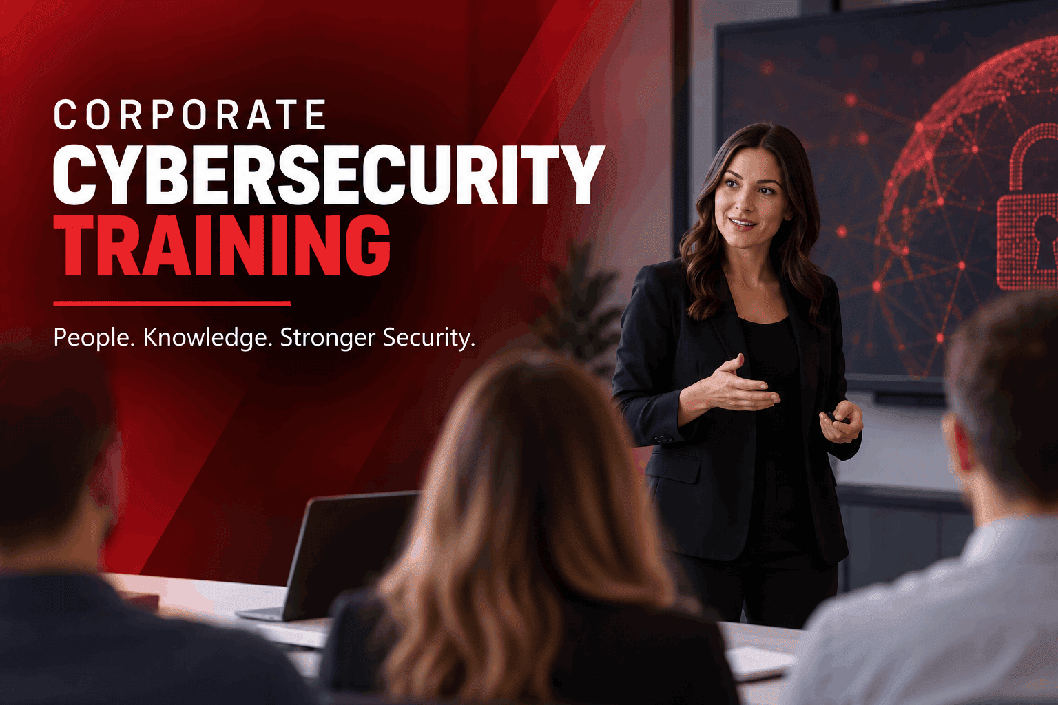 Cybersecurity trainer presenting to employees during a corporate cybersecurity training session.