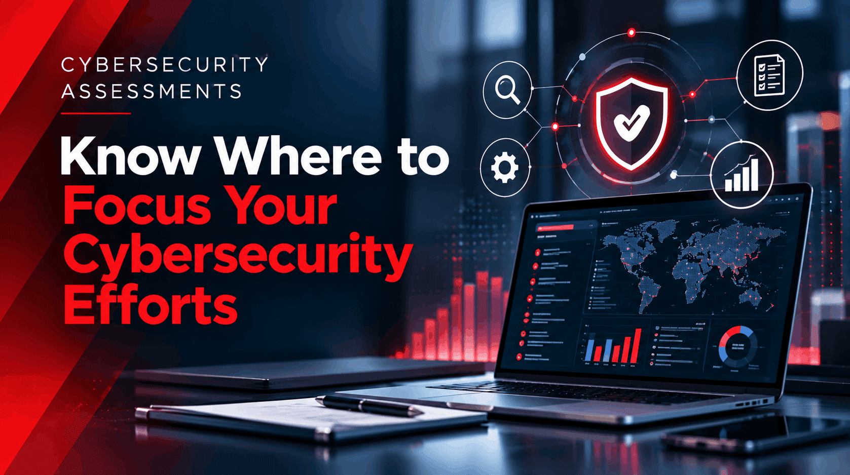 Cybersecurity Assessments: Know Where to Focus Your Cybersecurity Efforts, with a cybersecurity dashboard illustrating risk monitoring and security analysis.