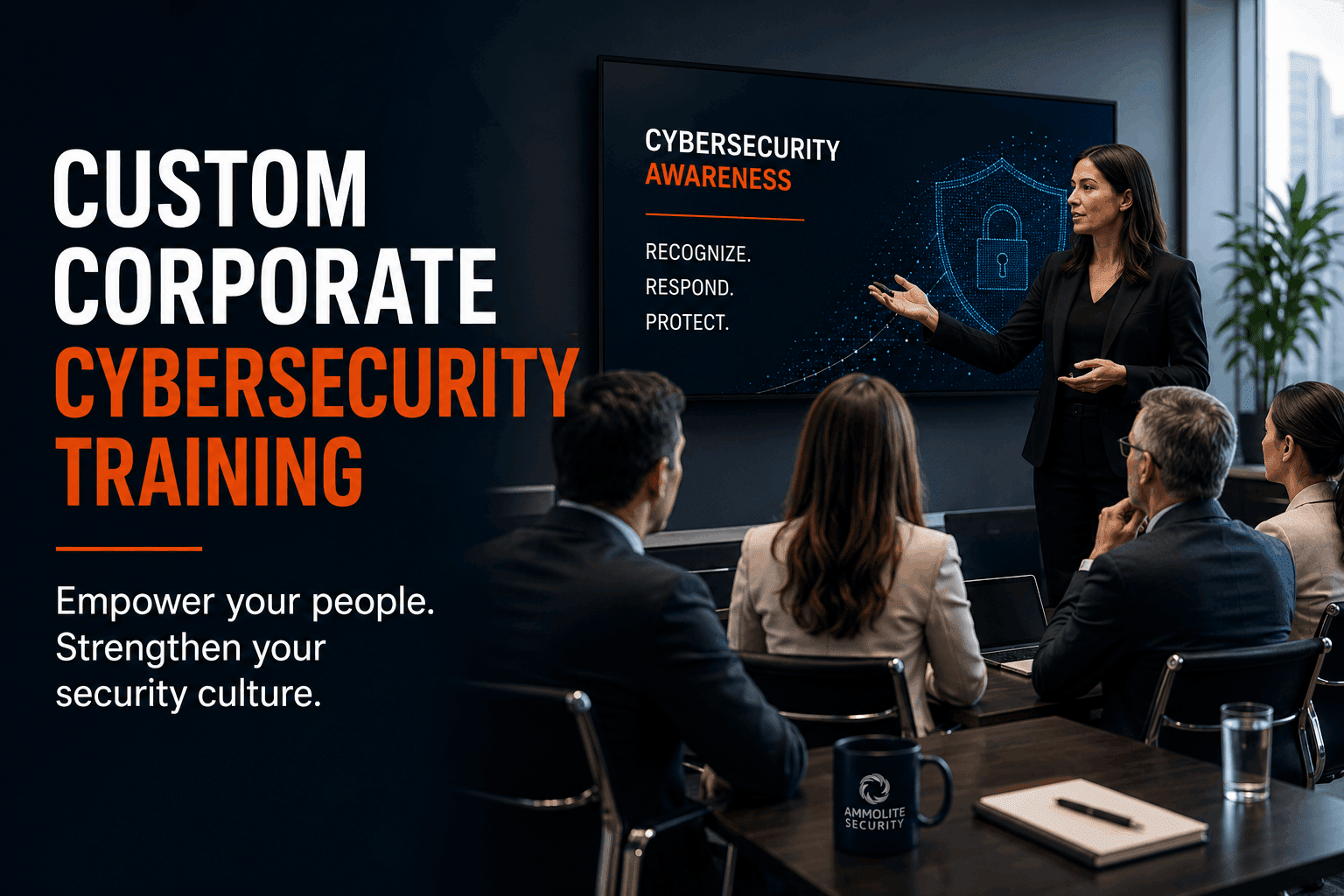 Corporate cybersecurity awareness training session demonstrating employee education on phishing prevention, data protection, and building a stronger security culture.