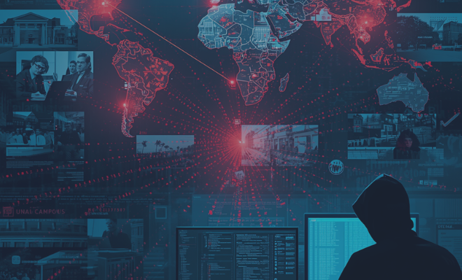 Illustration representing a large-scale cyberattack targeting universities and organizations through interconnected digital platforms, highlighting cybersecurity threats, third-party vulnerabilities, and global network exposure.