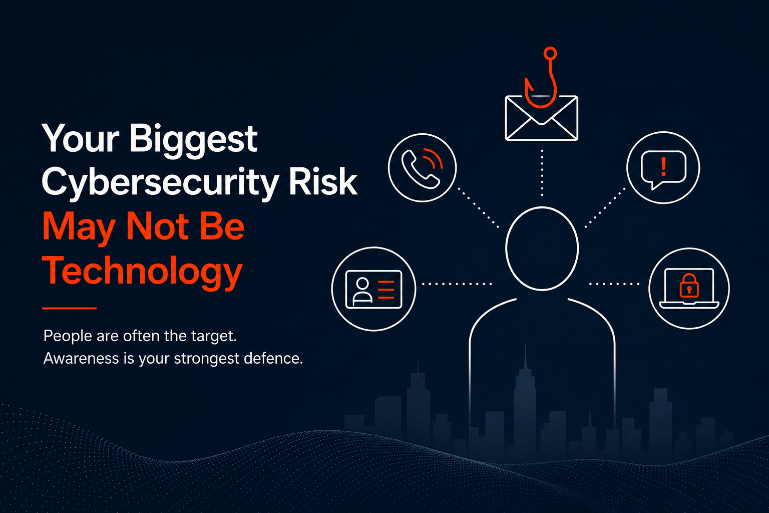 Cybersecurity awareness graphic about social engineering, phishing attacks, and employee cyber training.