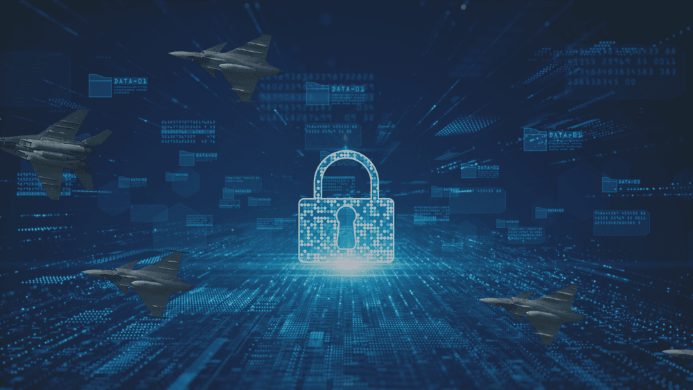 Digital cybersecurity concept image with a glowing lock surrounded by data streams and fighter jets, representing defence security and CMMC and CPCSC compliance.