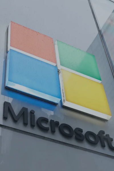 Microsoft logo on a building exterior, representing news about a Stryker attack involving Microsoft Intune device management.