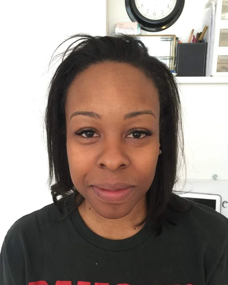 Before hybrid brow treatment — mis-shaped eyebrows on dark skin tone — Le Kitsuné NYC
