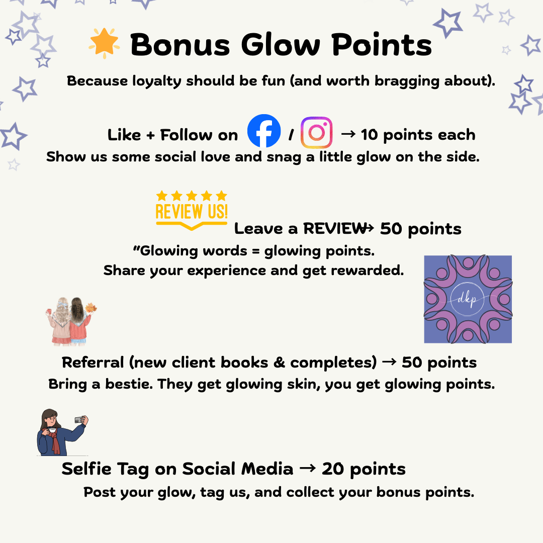 Picture of all the other ways you can get bonus dkpPERKS points at dkpESTHETICS