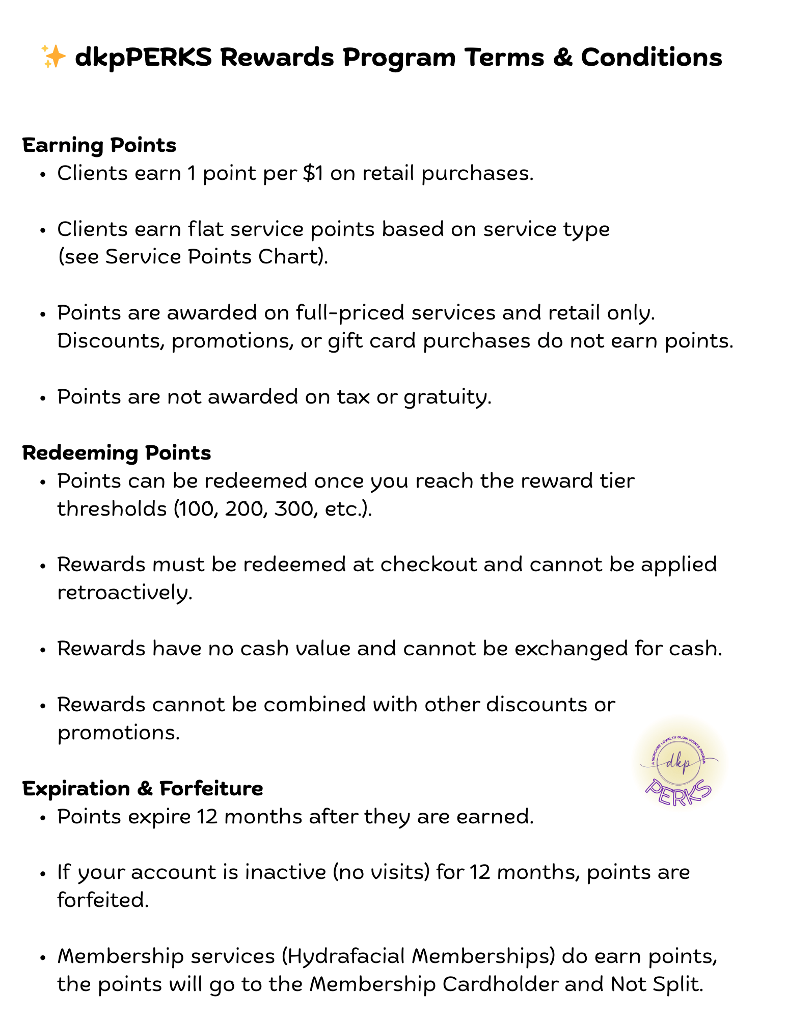dkpPERKS REWARDS TERMS AND CONDITIONS AT dkpESTHETICS