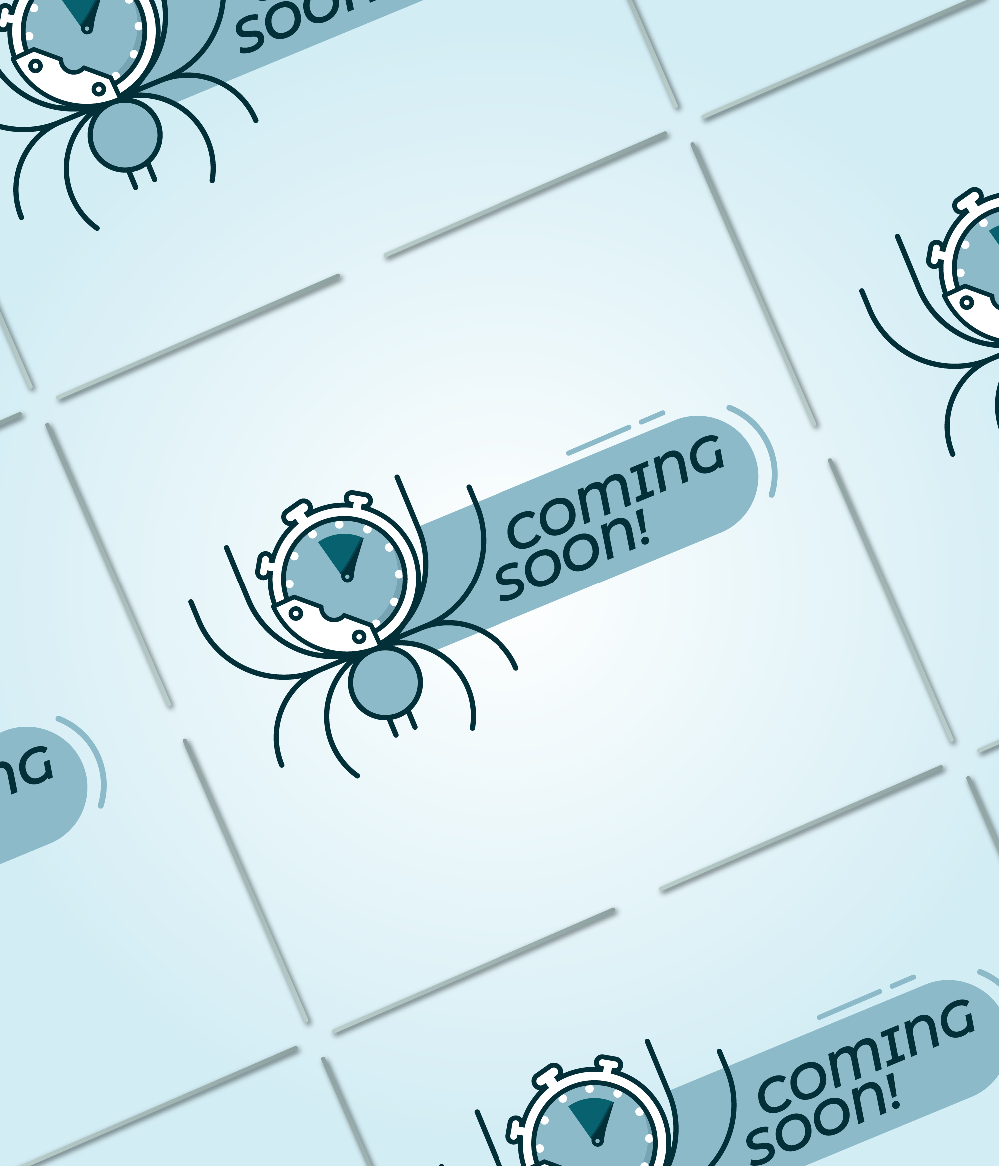 stylized illustration of a spider with a stop watch body next to the words "coming soon"