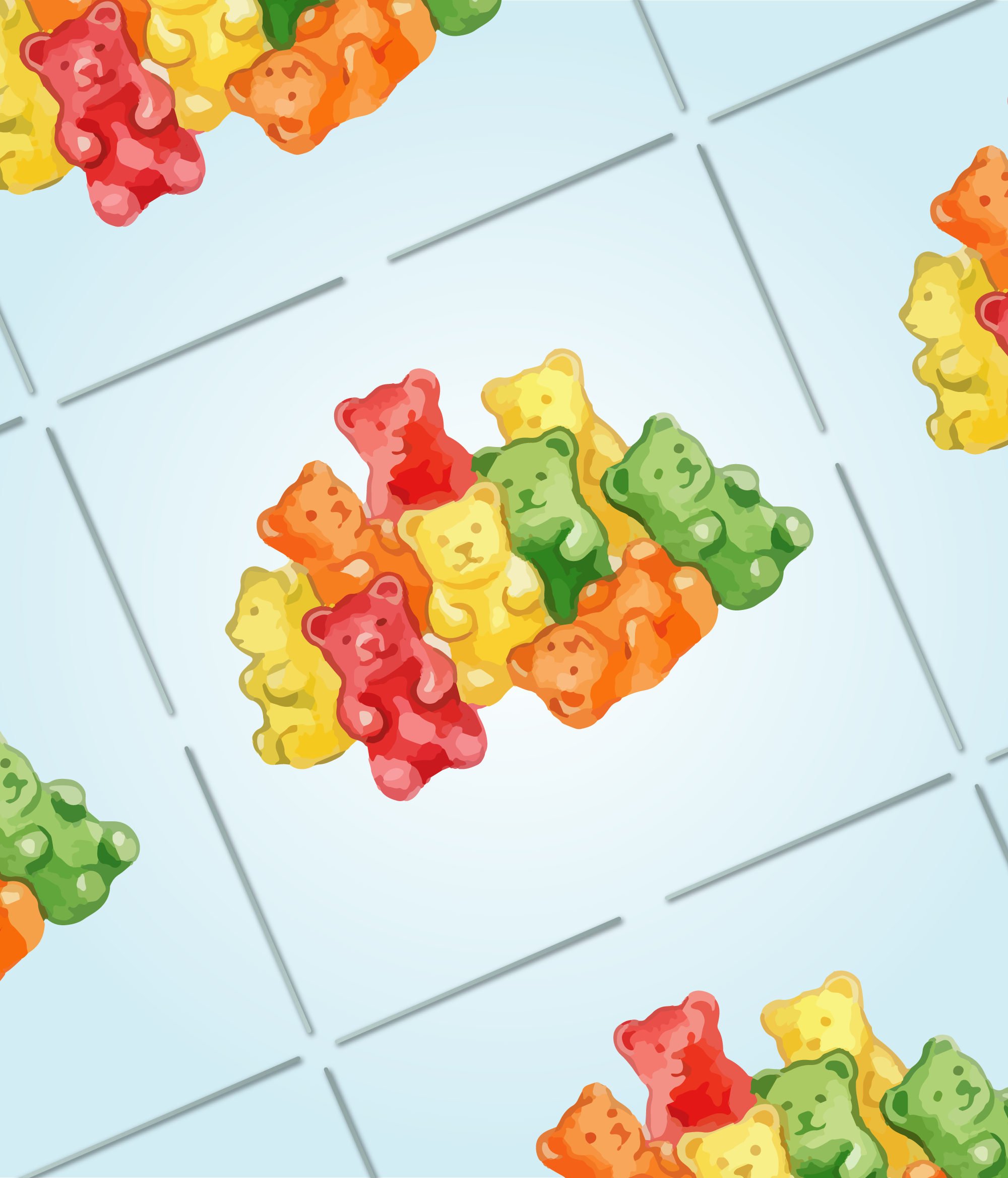 a pile of gummy bears in a perforated grid