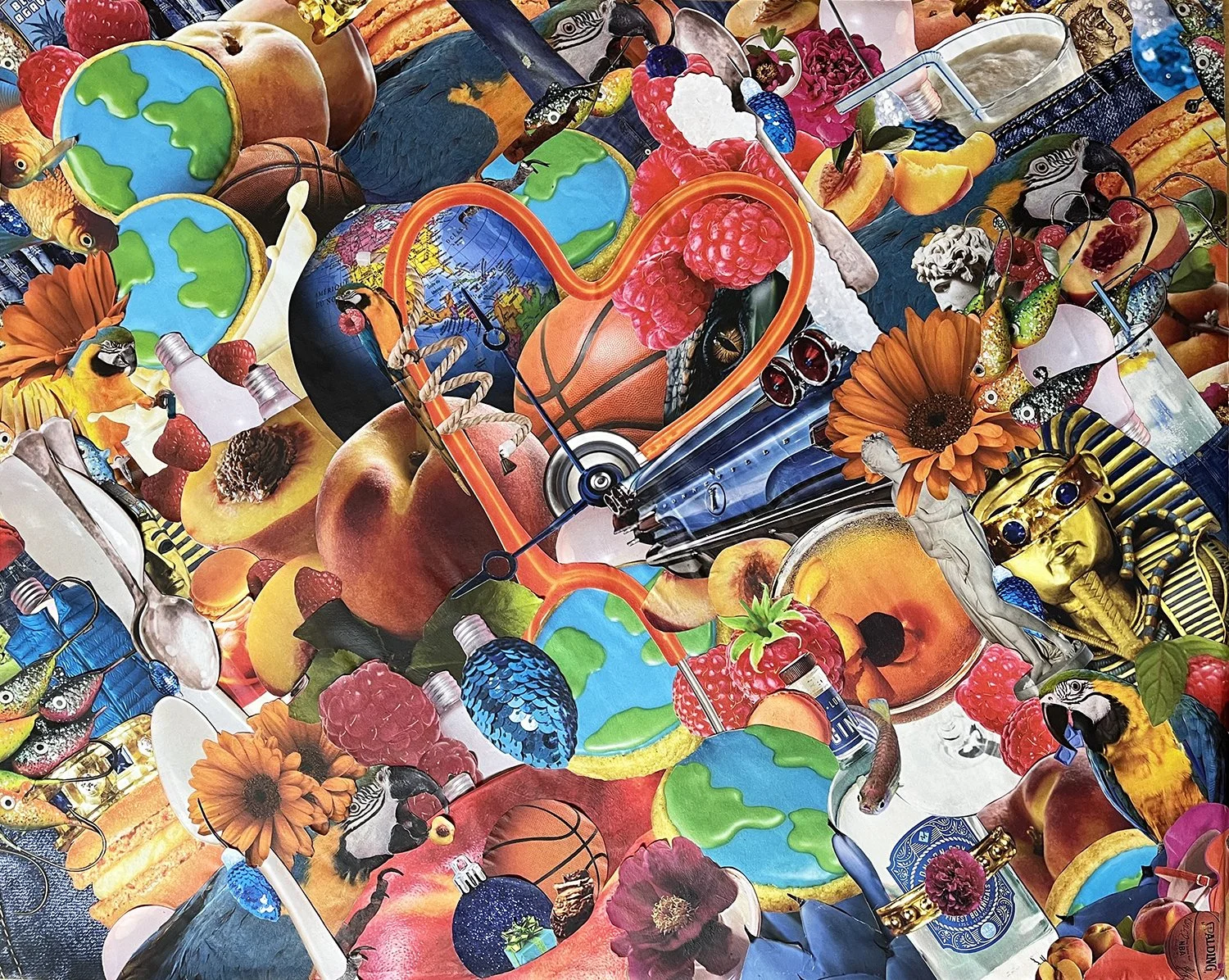 '60 Pontiac Bonneville collage featuring a blue Bonneville tail end, raspberries, peaches, globes, sugar cookies, denim, bulbs, spoons, and King Tuts