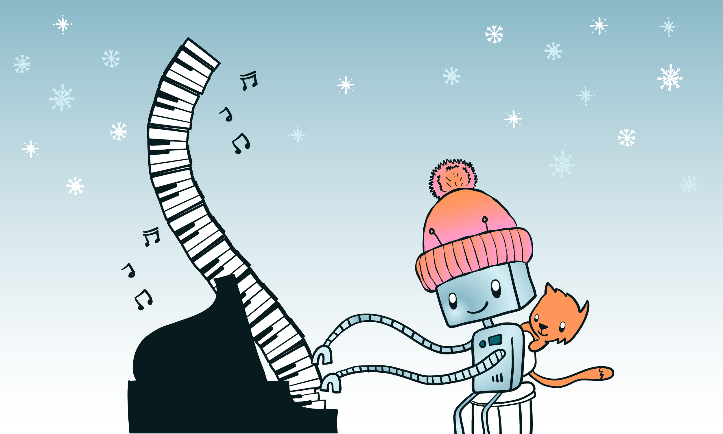 Illustration of a cute robot in a winter hat playing an exaggerated piano in the falling snow with an orange cat on his shoulder