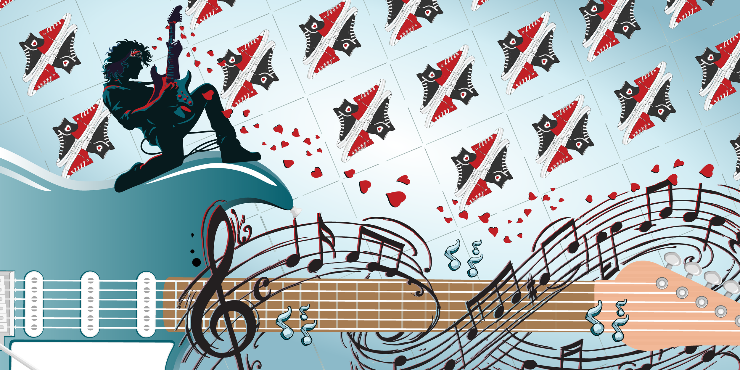 illustration of a rocker kneeling on an oversized guitar with notes swirling around the guitar neck and hearts flowing from the musician over a tabbed pattern of red and black sneakers