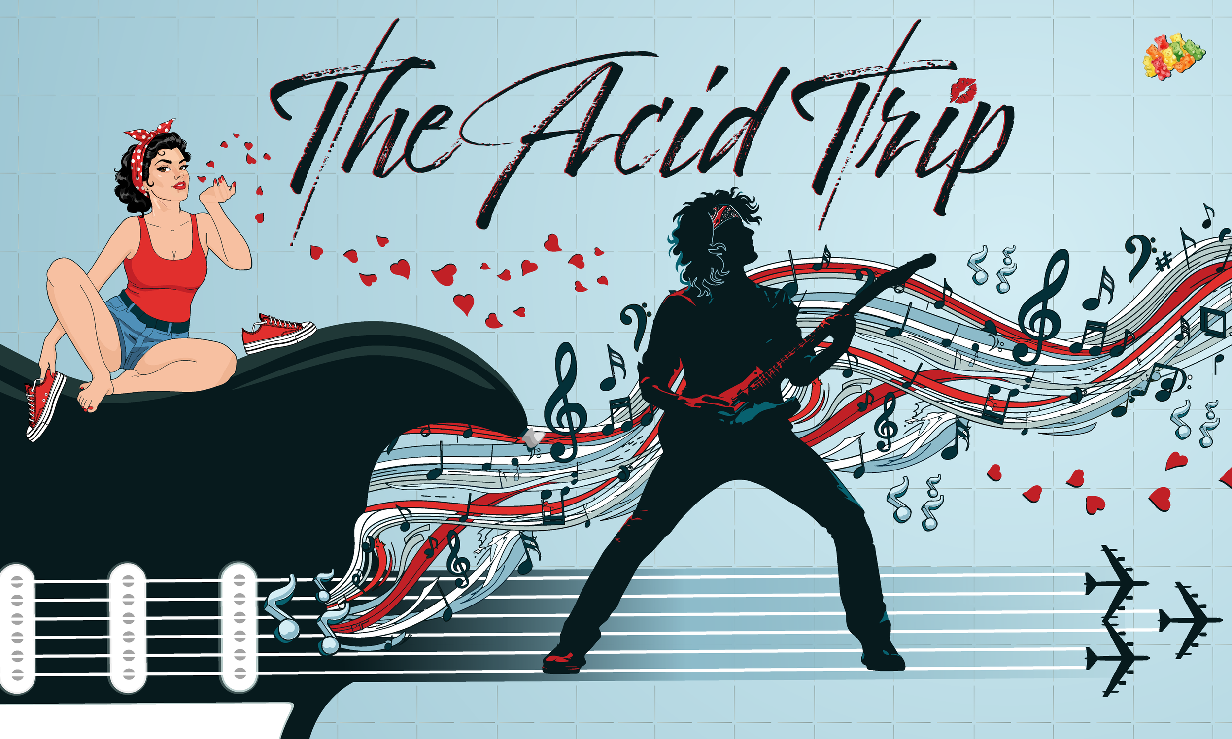 A pinup girl sitting on the top edge of an oversized electric guitar while a guitarist creates colorful waves of music