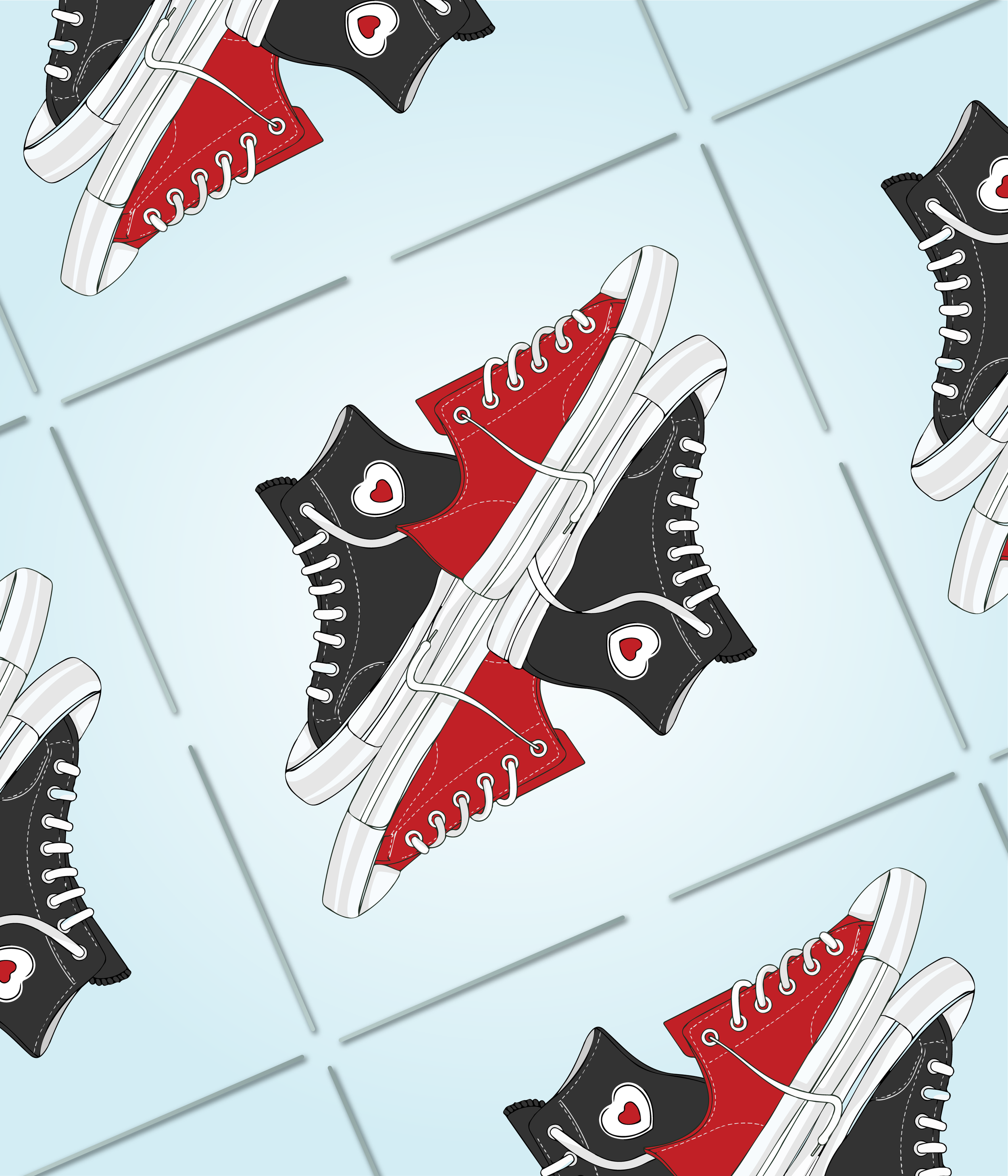 red and black sneakers in a tabbed grid
