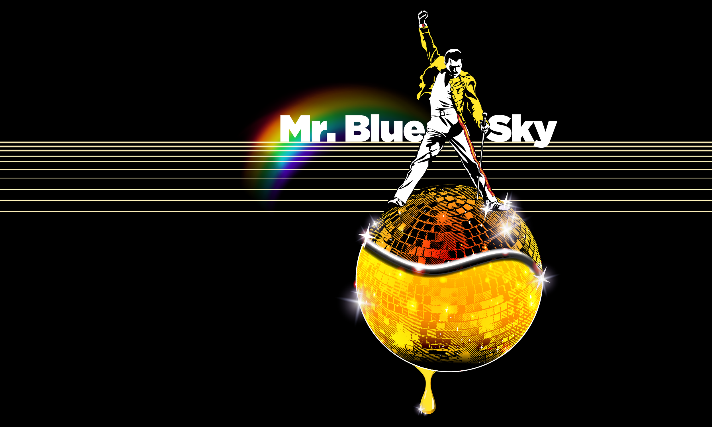 a stylized illustration of a Freddie Mercury standing on top of a yellow disco ball