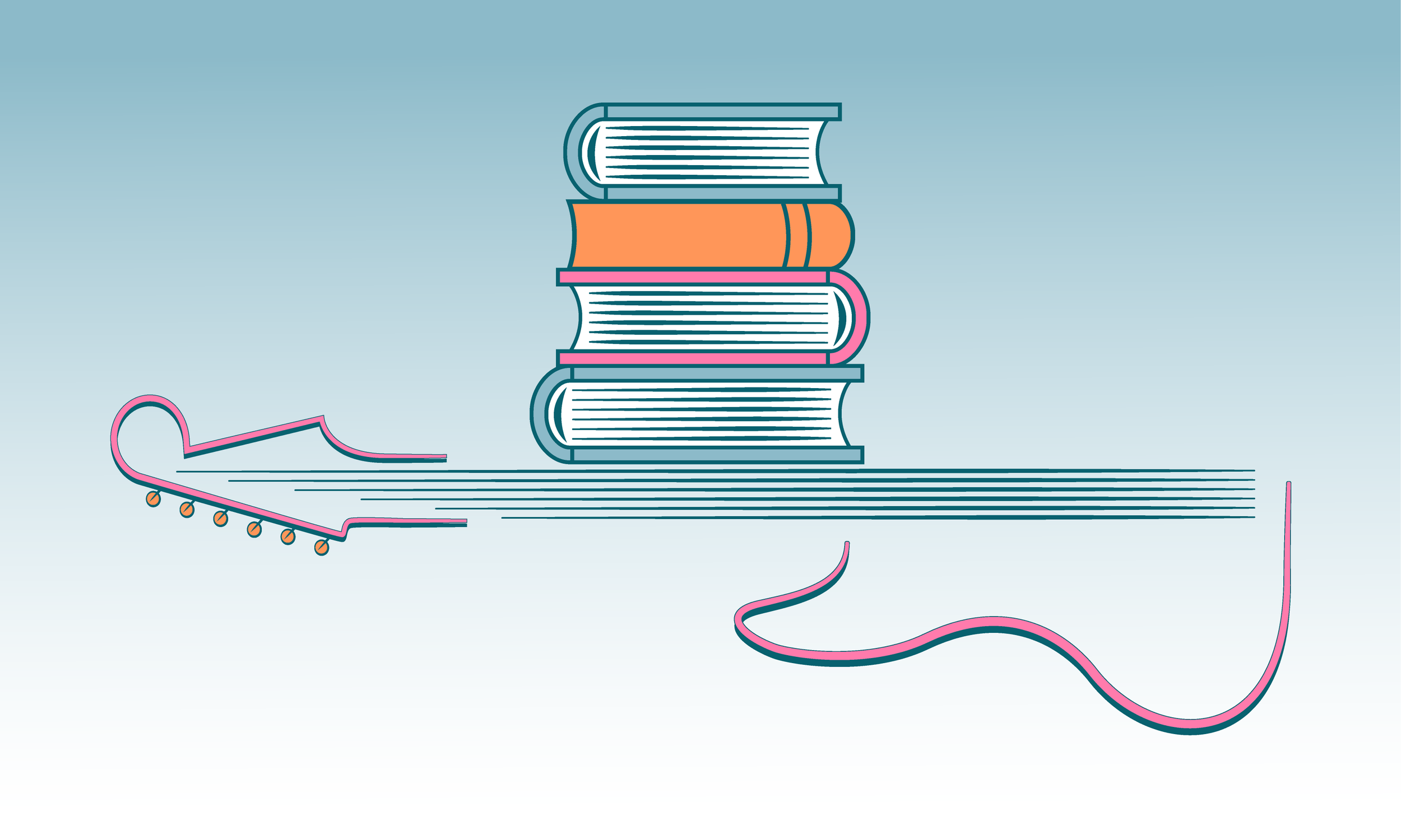 Illustration of a stack of books on an electric guitar