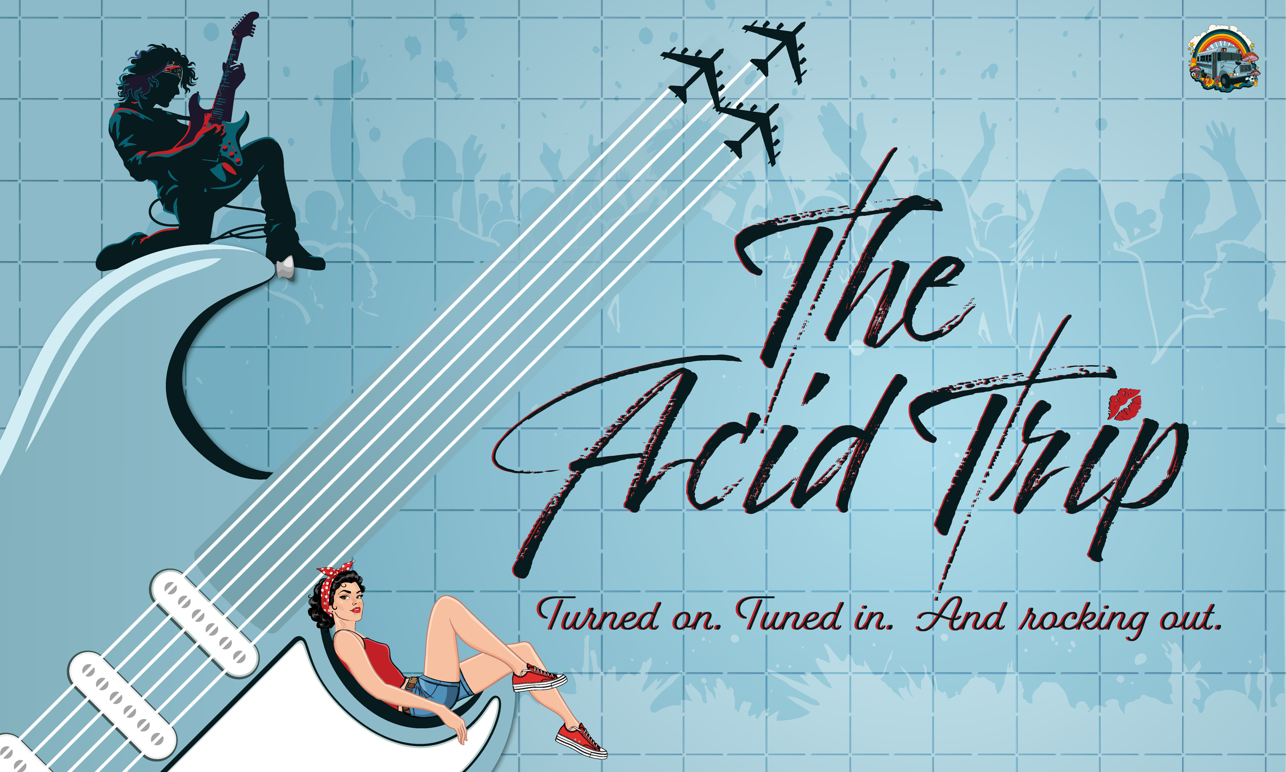 The Acid Trip title graphic featuring an oversized electric guitar where the strings become B-52 bomber contrails. A kneeling guitarist is perched on the peak of the guitar's body and a pinup girl lounging in the curve.