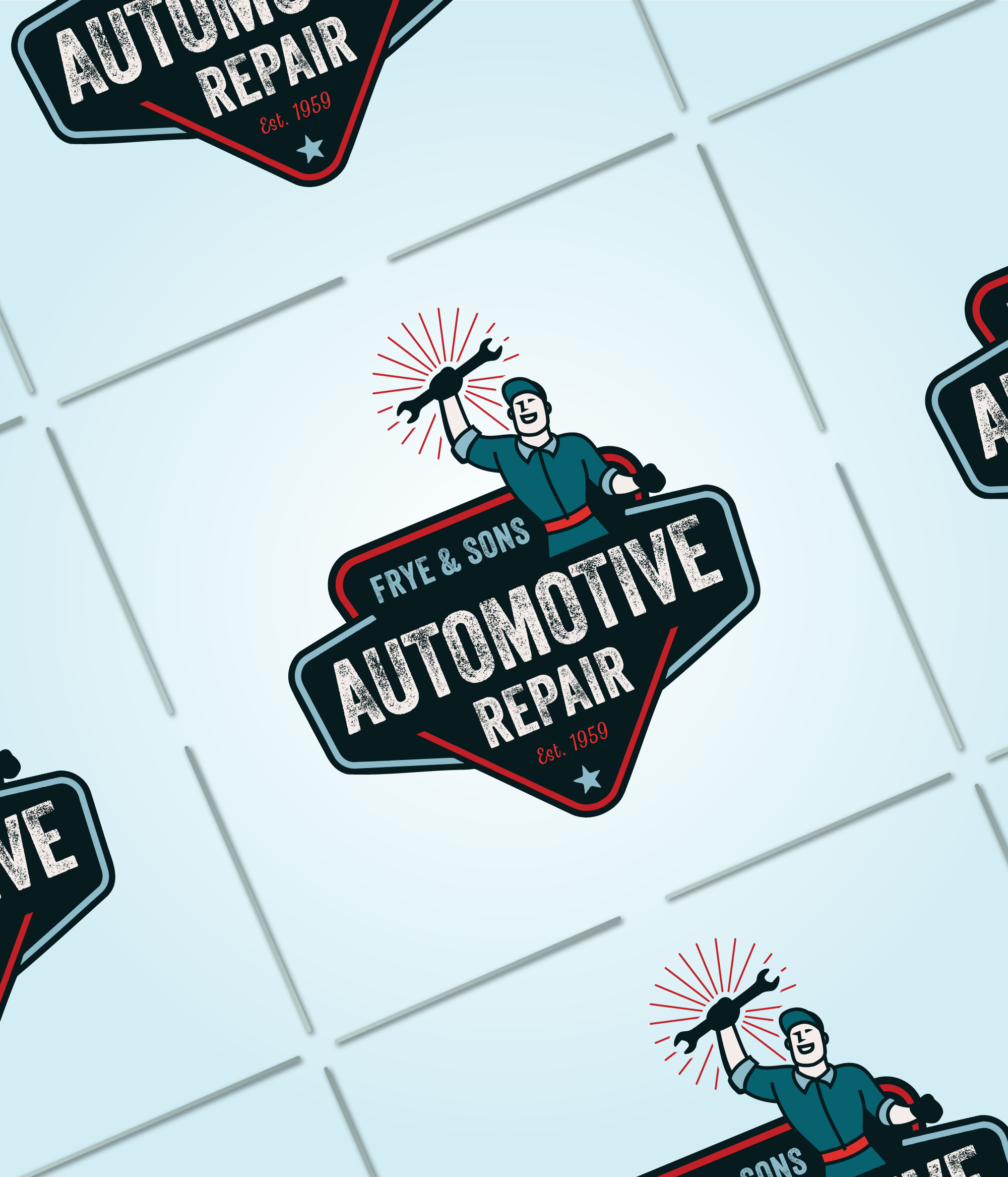 perforated tabbed grid on an angle, featuring a repeated automotive repair shop logo