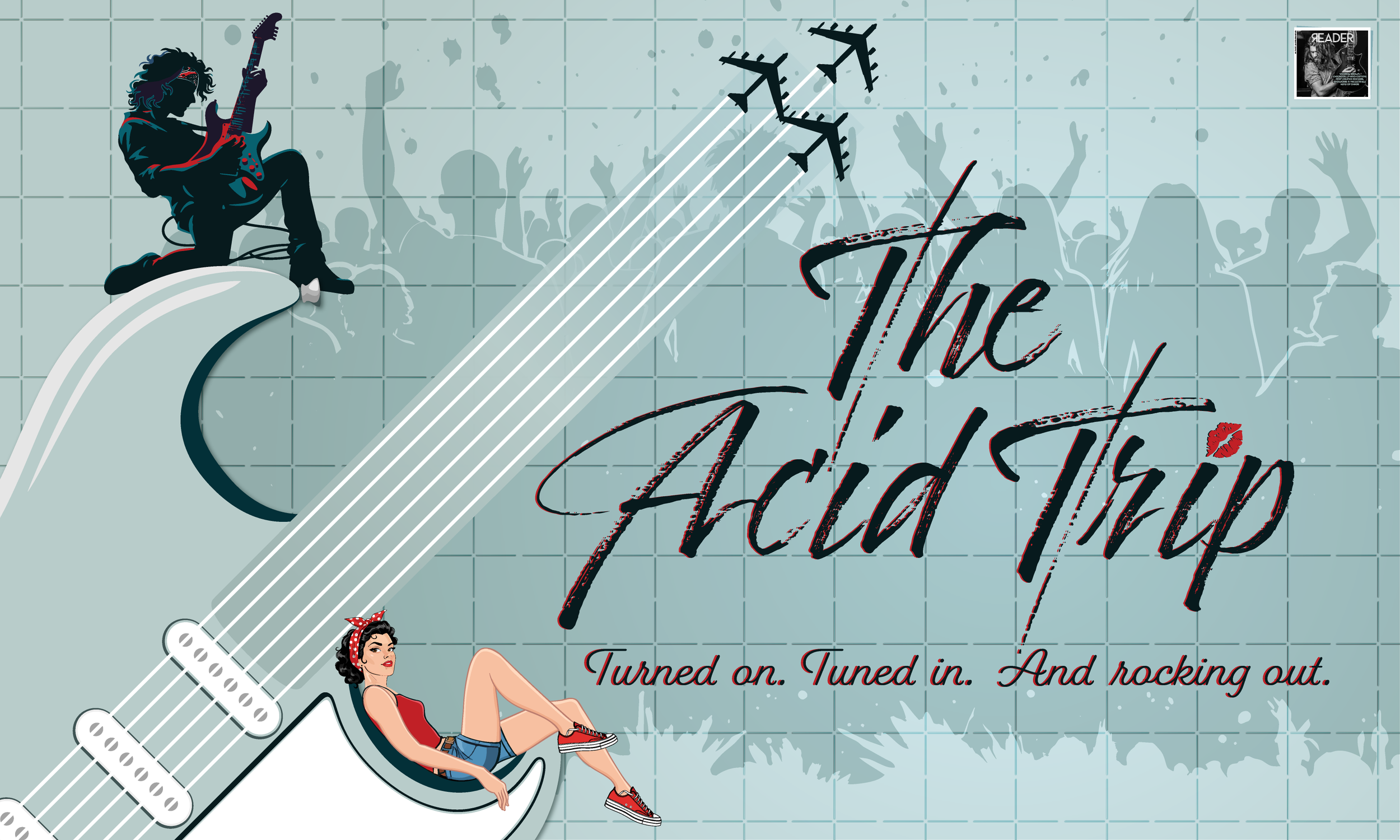 Graphic illustation of the Acid Trip cover art featuring an oversized Fender Stratocaster guitar on an angle with a guitarist kneeling on the top curve and a pinup girl reclining in the bottom curve. Three fighter jets fly from the strings.