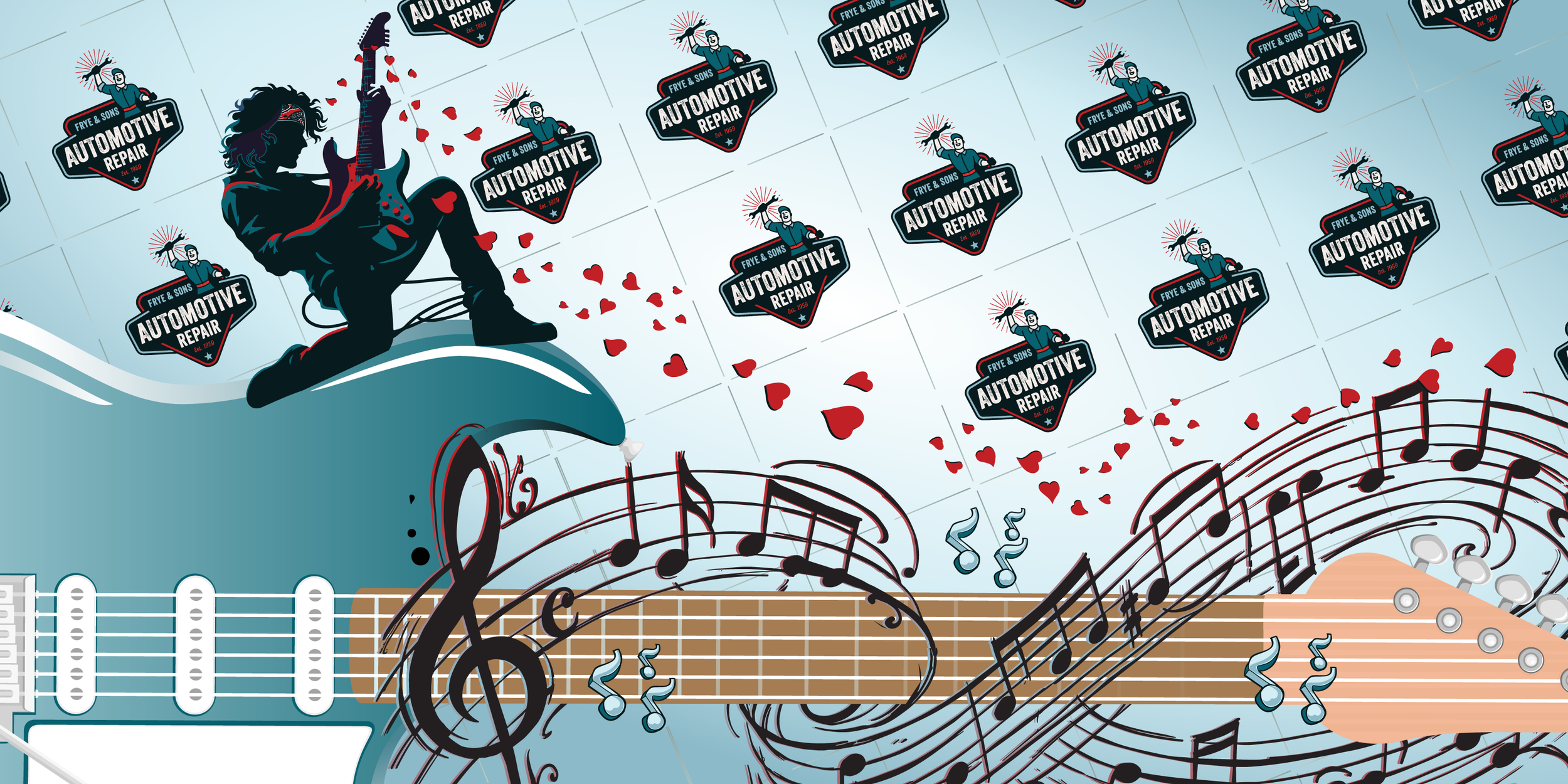 Illustration of a guitarist kneeling on top of an oversized electric guitar with musical notes swirling around the neck over a patterned background