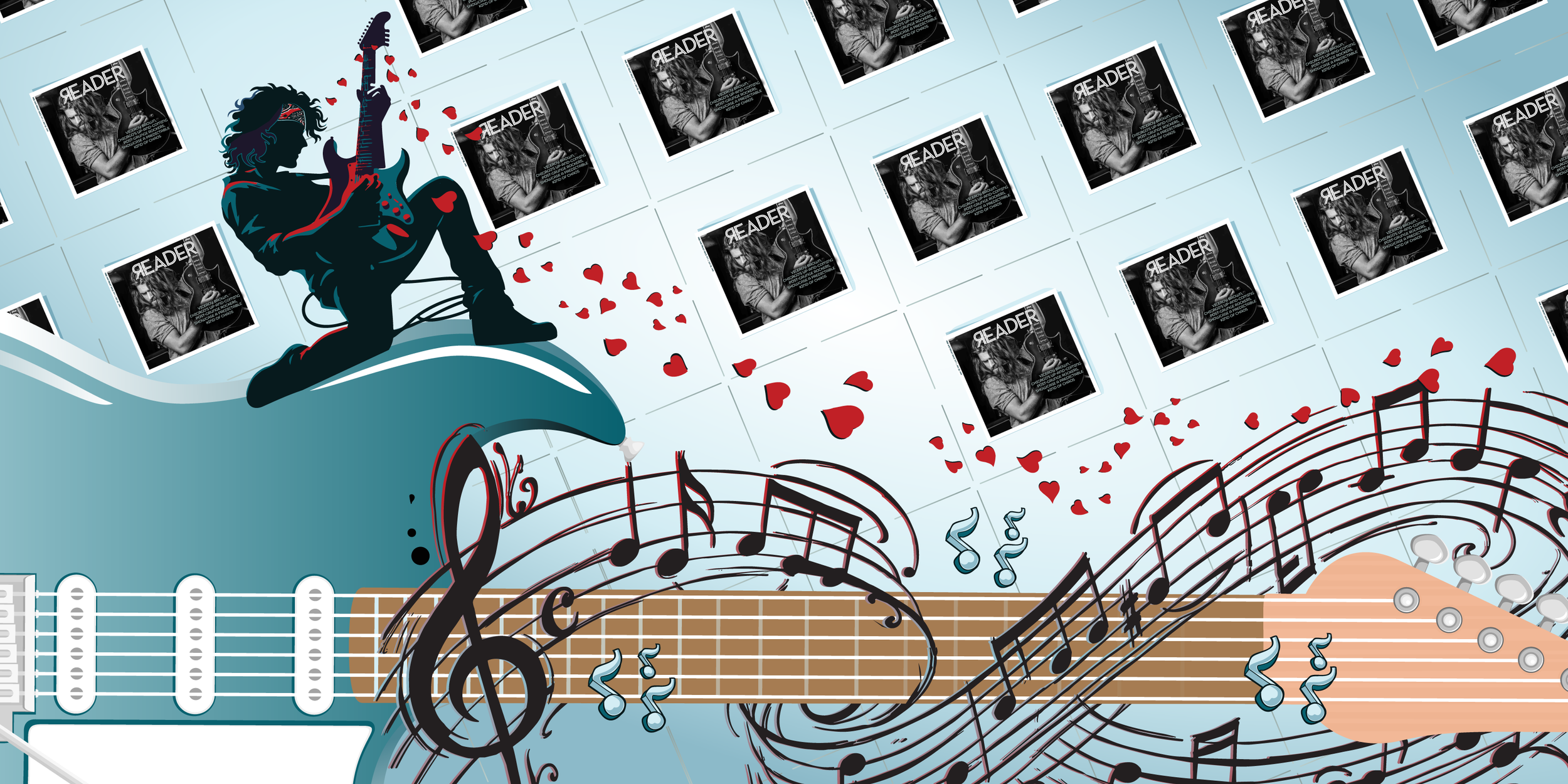 Illustration of a guitarist kneeling on top of an oversized guitar with musical notes swirling around the neck over a patterned background