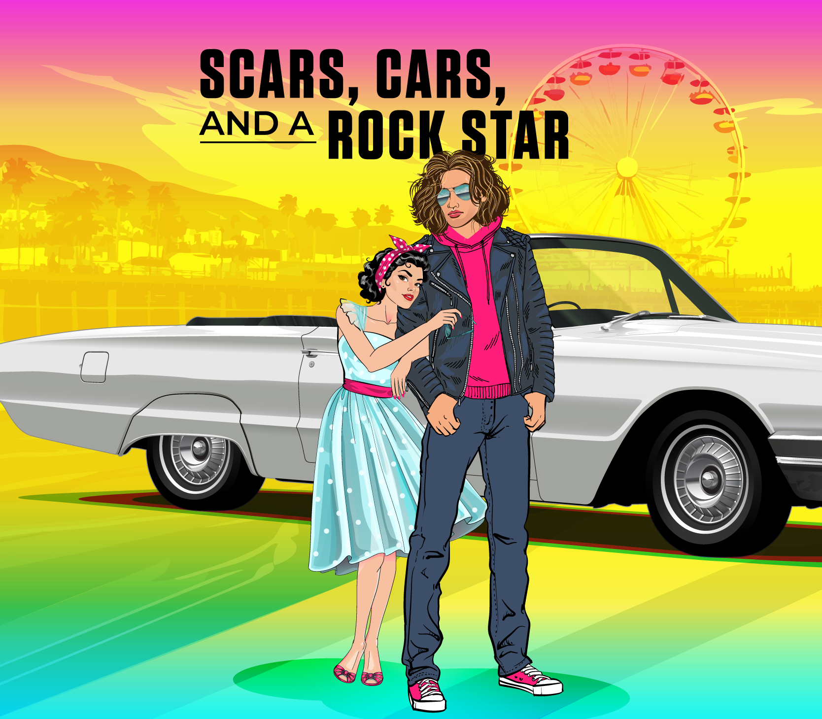 Illustration of a pinup girl with her arms wrapped around the arm of a handsome rock star standing in front of a classic car near the Santa Monica Pier.