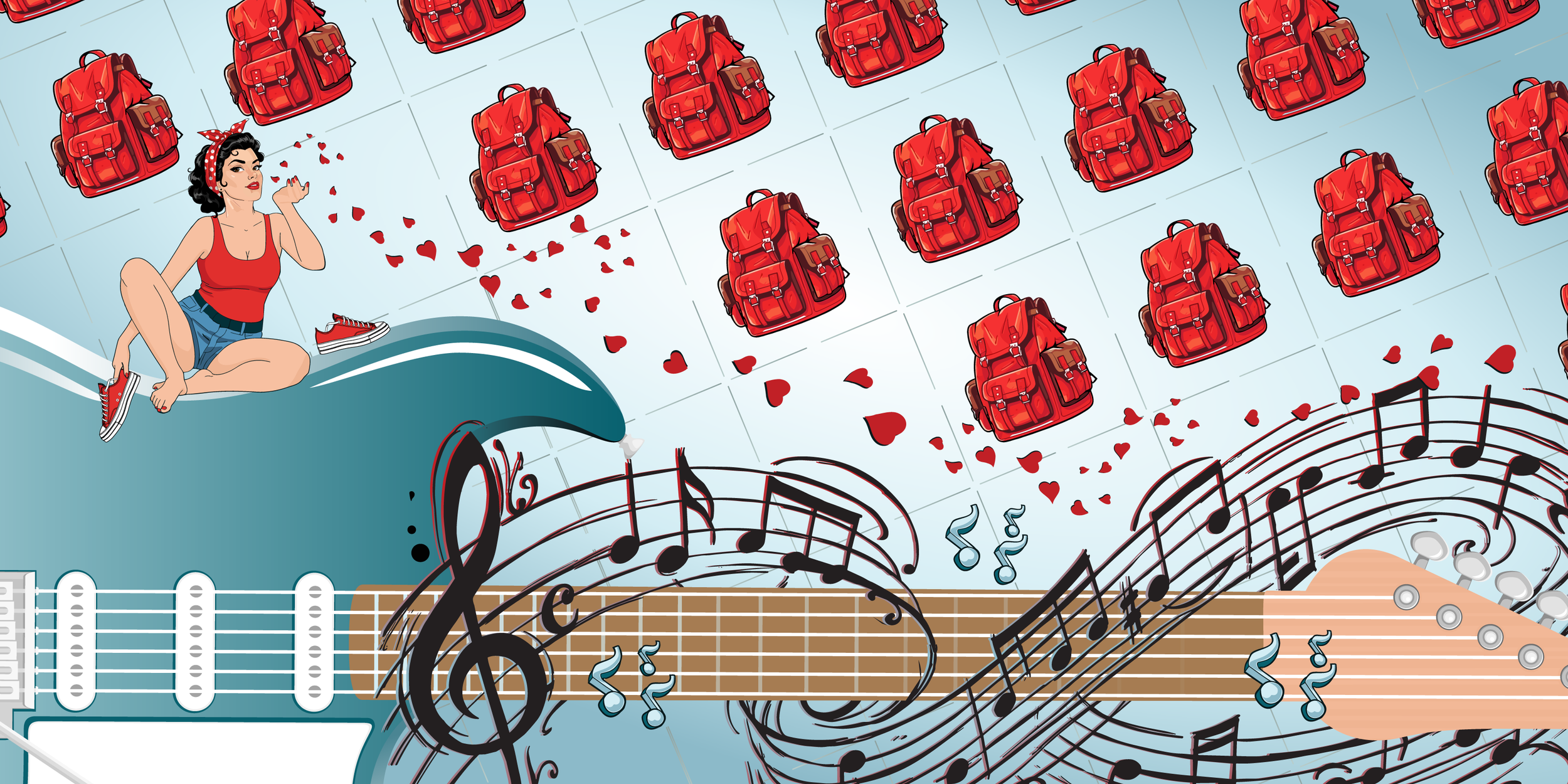 illustration of a pinup girl sitting on an oversized electric guitar and blowing kisses over a pattern of red backpacks