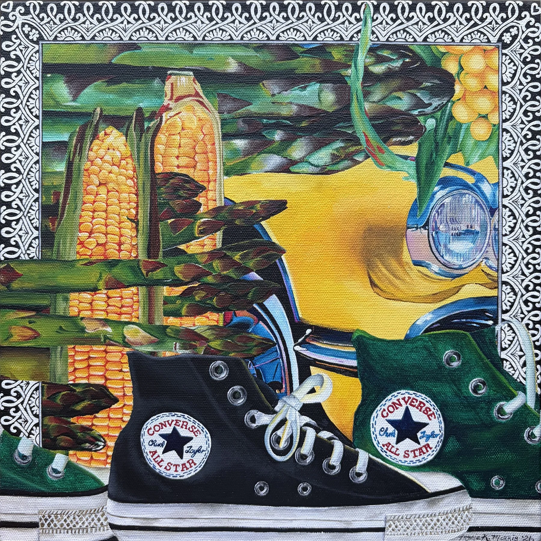 '58 Corvette acrylic on canvas featuring ears of corn, asparagus, Converse All-Stars high tops, and a yellow Corvette headlight