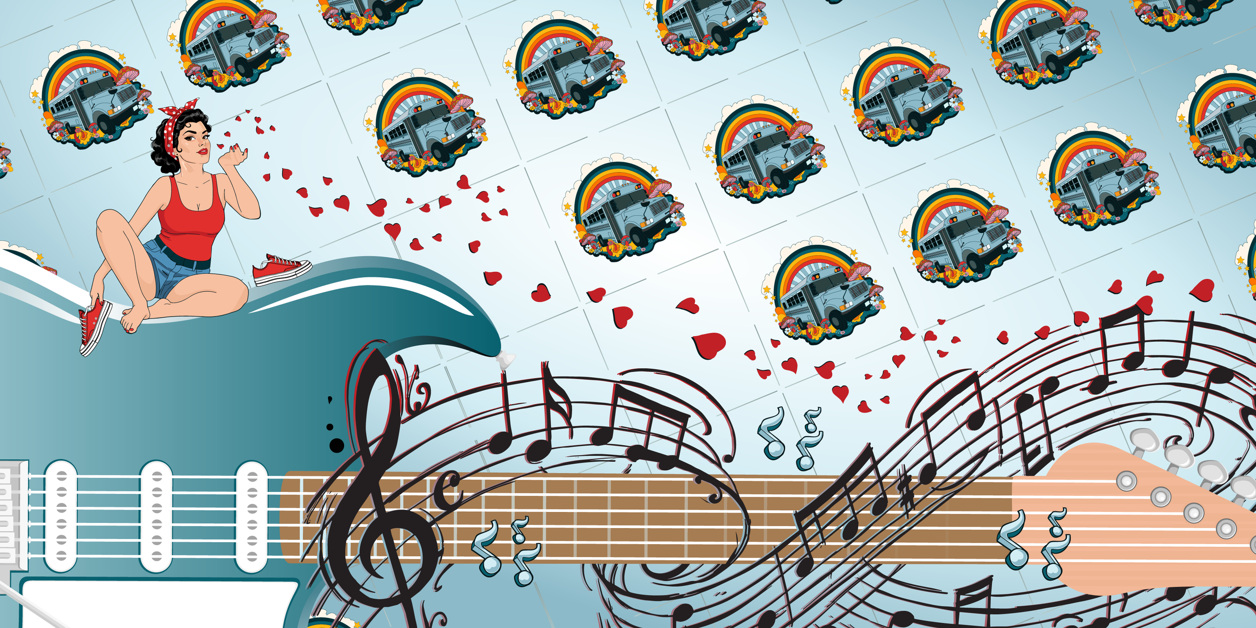 Illustrated of a pin up girl blowing kisses from an oversized electric guitar with musical notes swirling around the neck over a patterned background