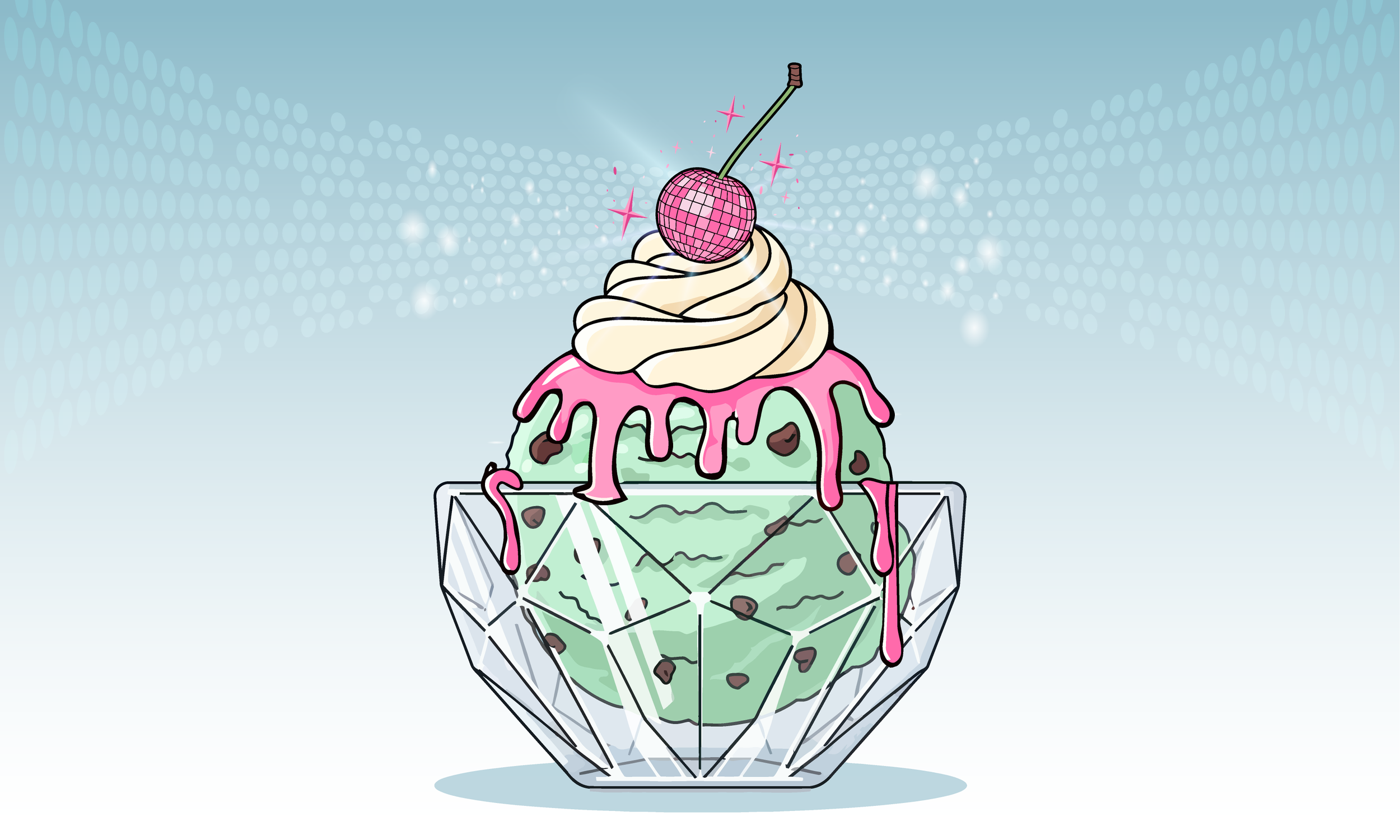 a stylized  illustration of a dish of mint chocolate chip ice cream with whip cream and a disco ball cherry on top