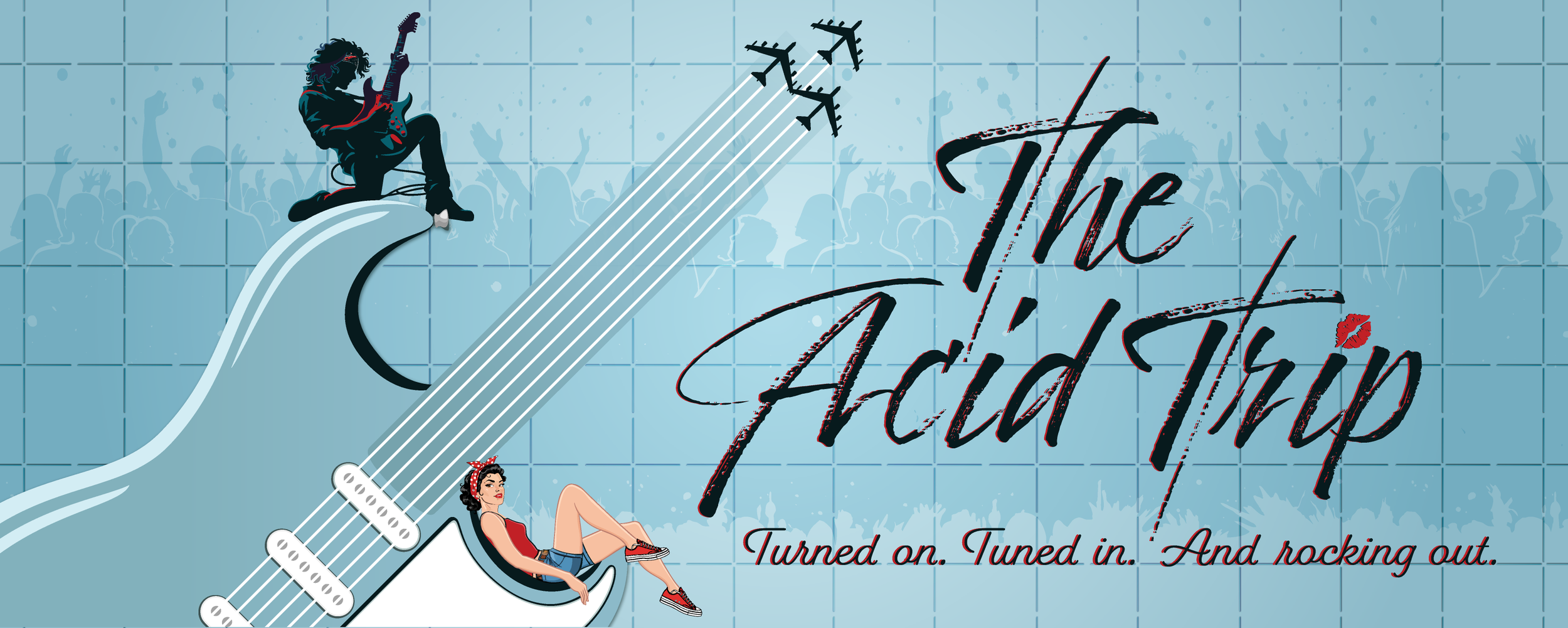 The Acid Trip graphical banner featuring an oversized electric guitar with a guitarist kneeling on the upper curve and a pin-up girl cradled in the lower curve.