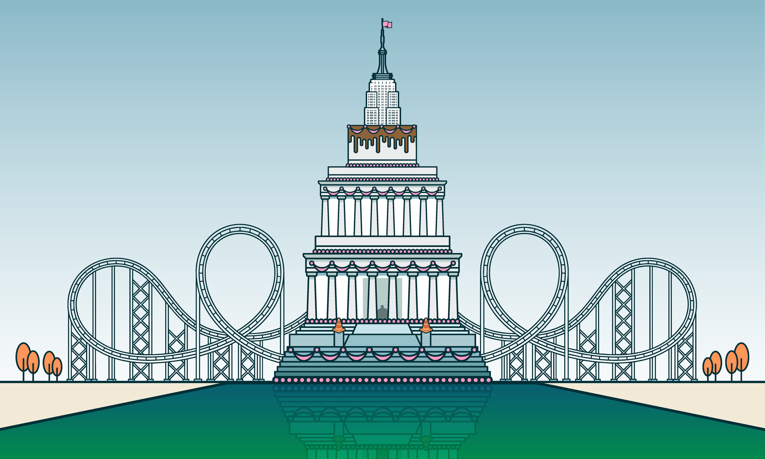 a stylized illustration of a wedding cake where two tiers are the Lincoln Memorial Building and the top tier is the Empire State Building