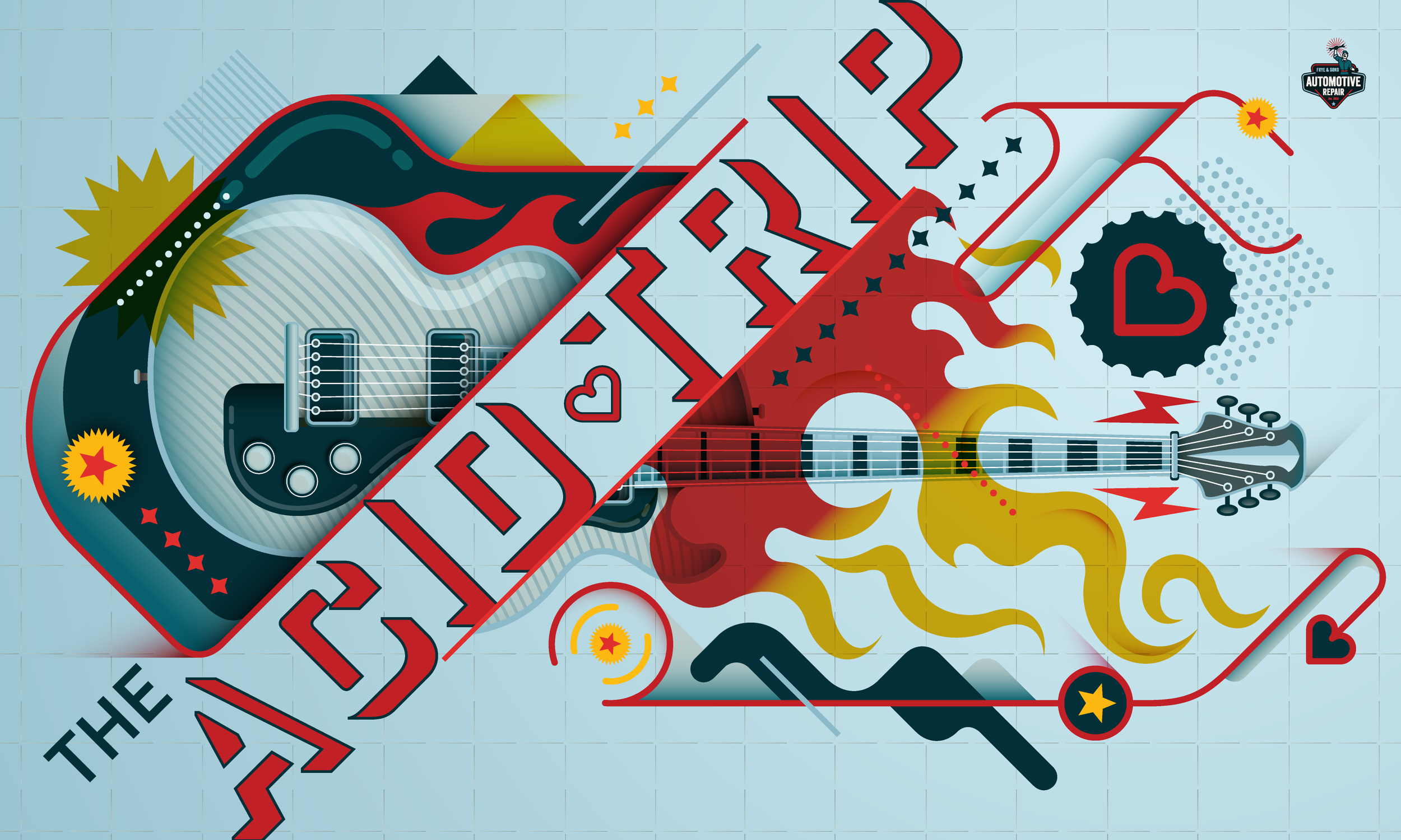 A Bauhaus style graphic with a deconstructed electric guitar, flames, and colorful graphic element around the words The Acid Trip