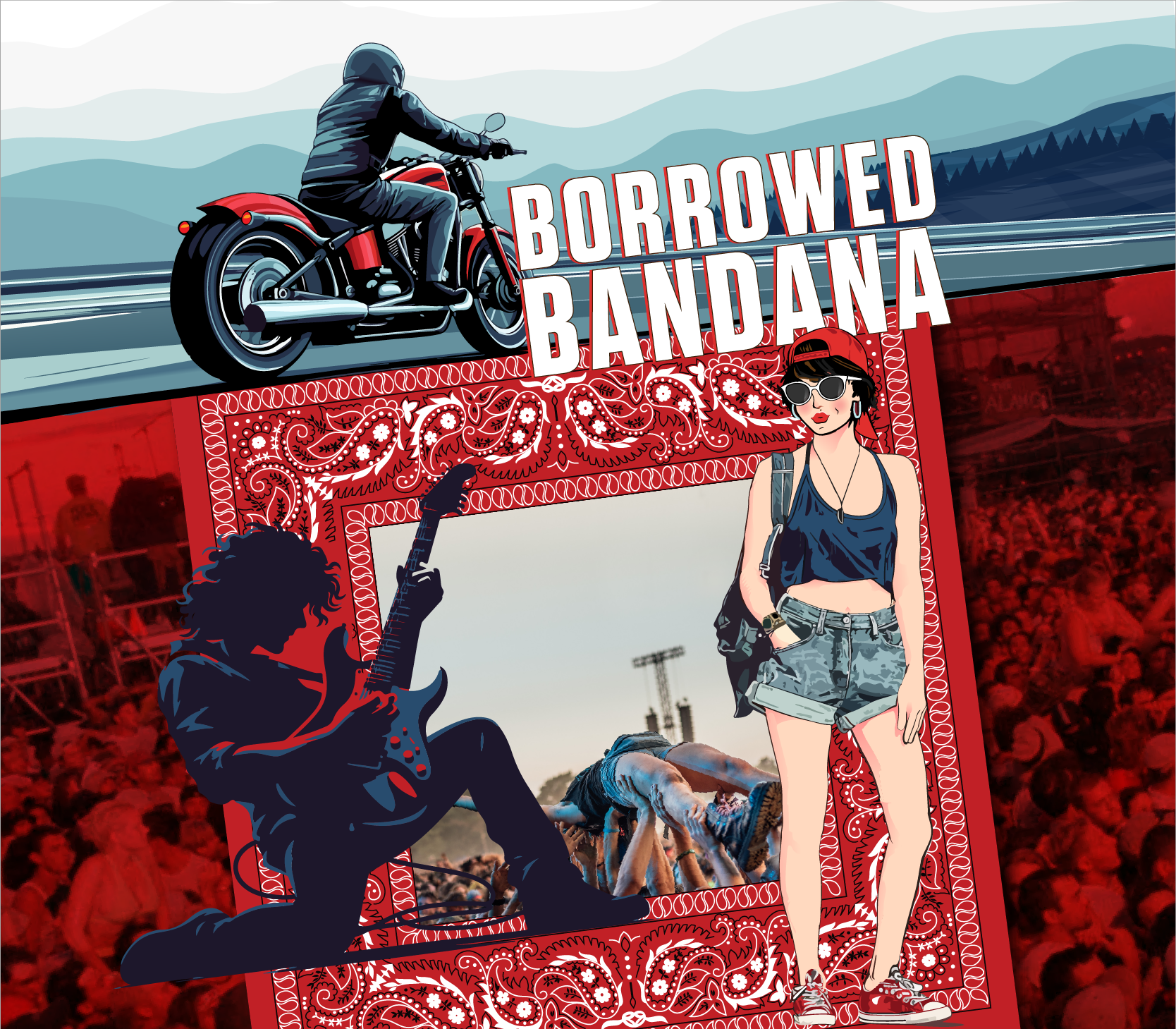 A graphic layout of a man shredding an electric guitar and a young girl posing over a bandana pattern with a man on a motorcycle speeding through the mountains above them