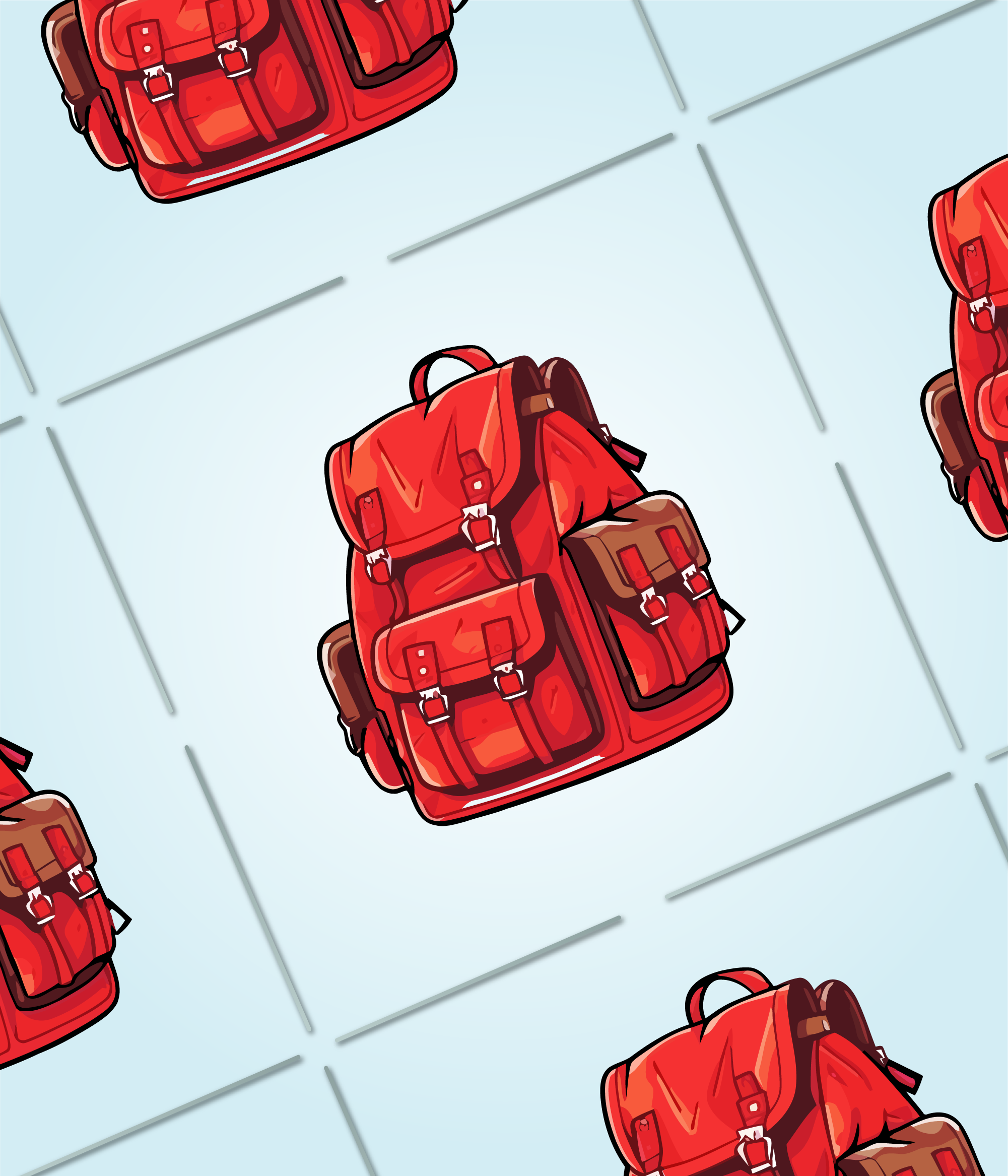 perforated tab design featuring a repeated red backpack