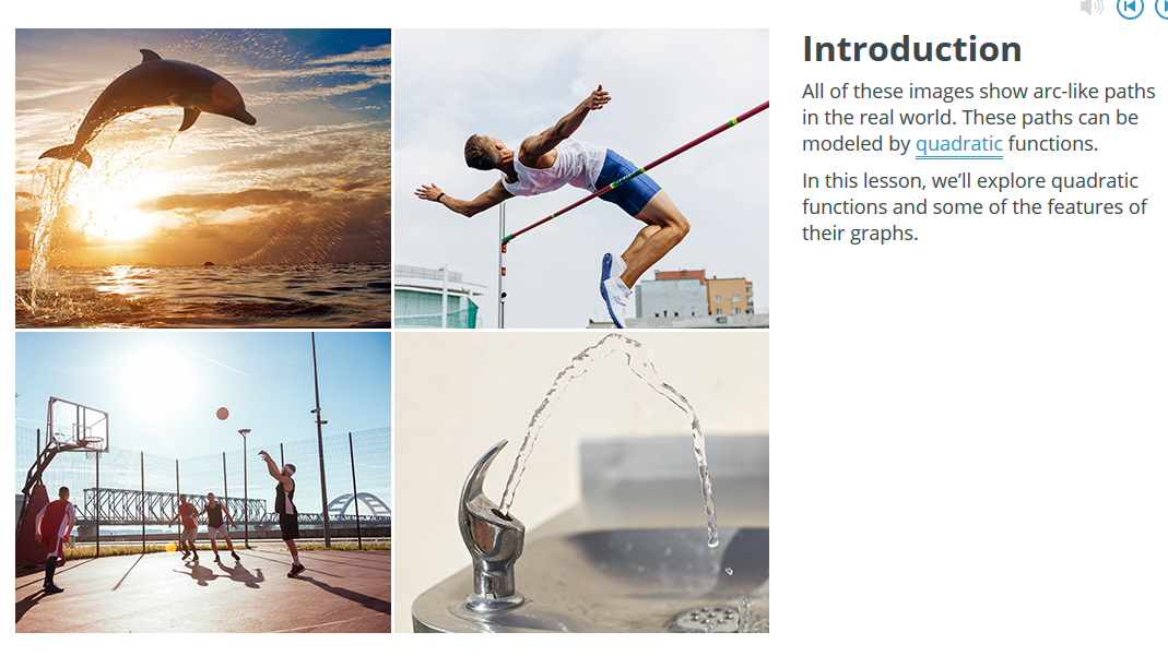 Course introduction screen with a four-image collage: a dolphin jumping at sunset, a high jumper clearing a bar, a basketball shot arcing toward a hoop, and water from a drinking fountain. Next to these images is text explaining these arc-like paths