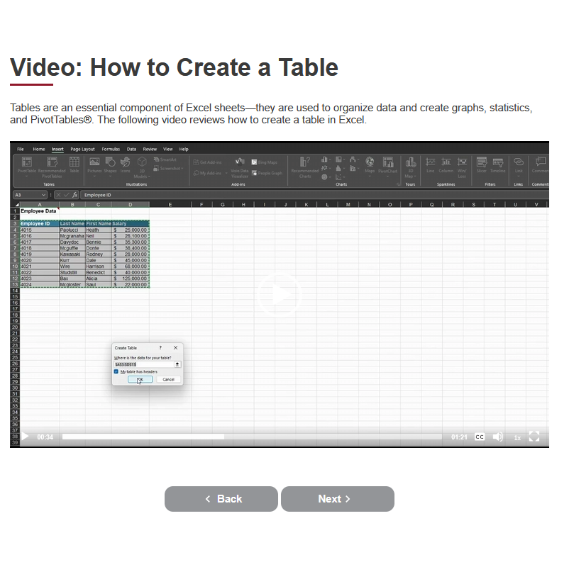 Screenshot of a video lesson titled ‘How to Create a Table,’ showing an Excel worksheet and the Create Table dialog box.