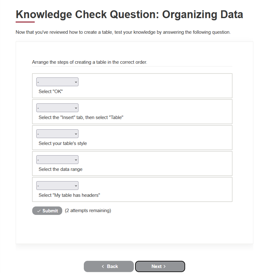 Screenshot of a knowledge check titled ‘Organizing Data,’ where learners choose the correct steps for creating an Excel table and submit their answers.