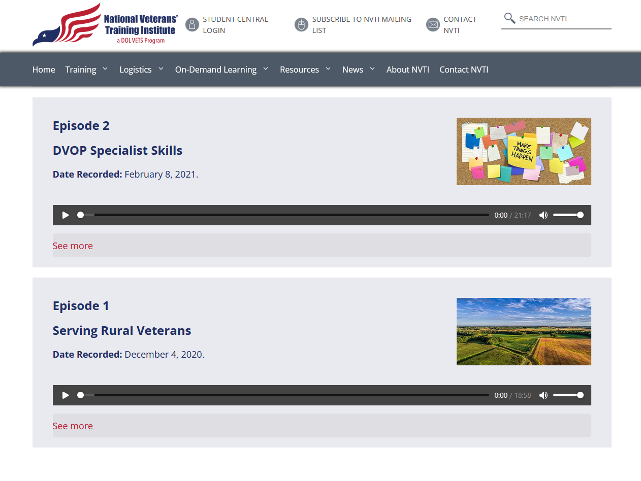 a screenshot of the National Veterans’ Training Institute website listing two podcast episodes (‘DVOP Specialist Skills’ and ‘Serving Rural Veterans’) with audio players.